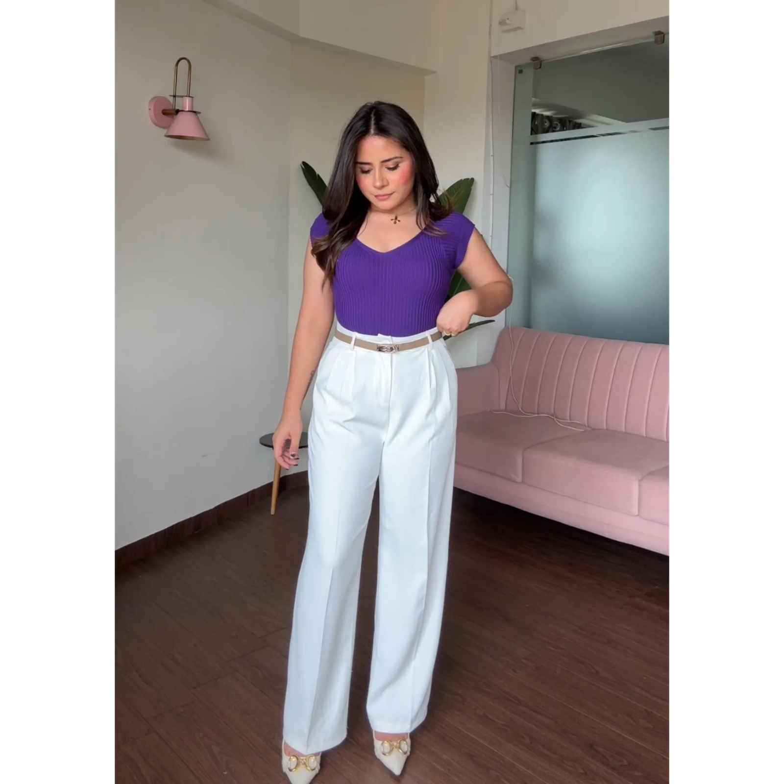 V Neck Ribbed Top With Belt