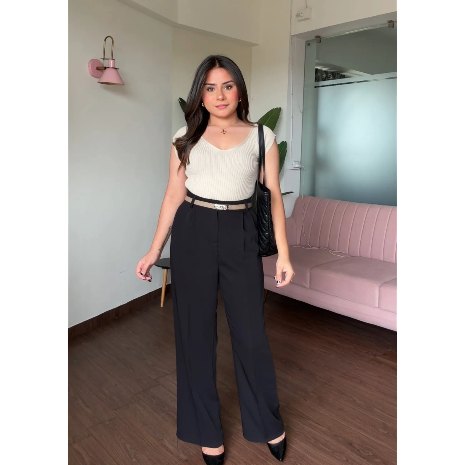 V Neck Ribbed Top With Belt