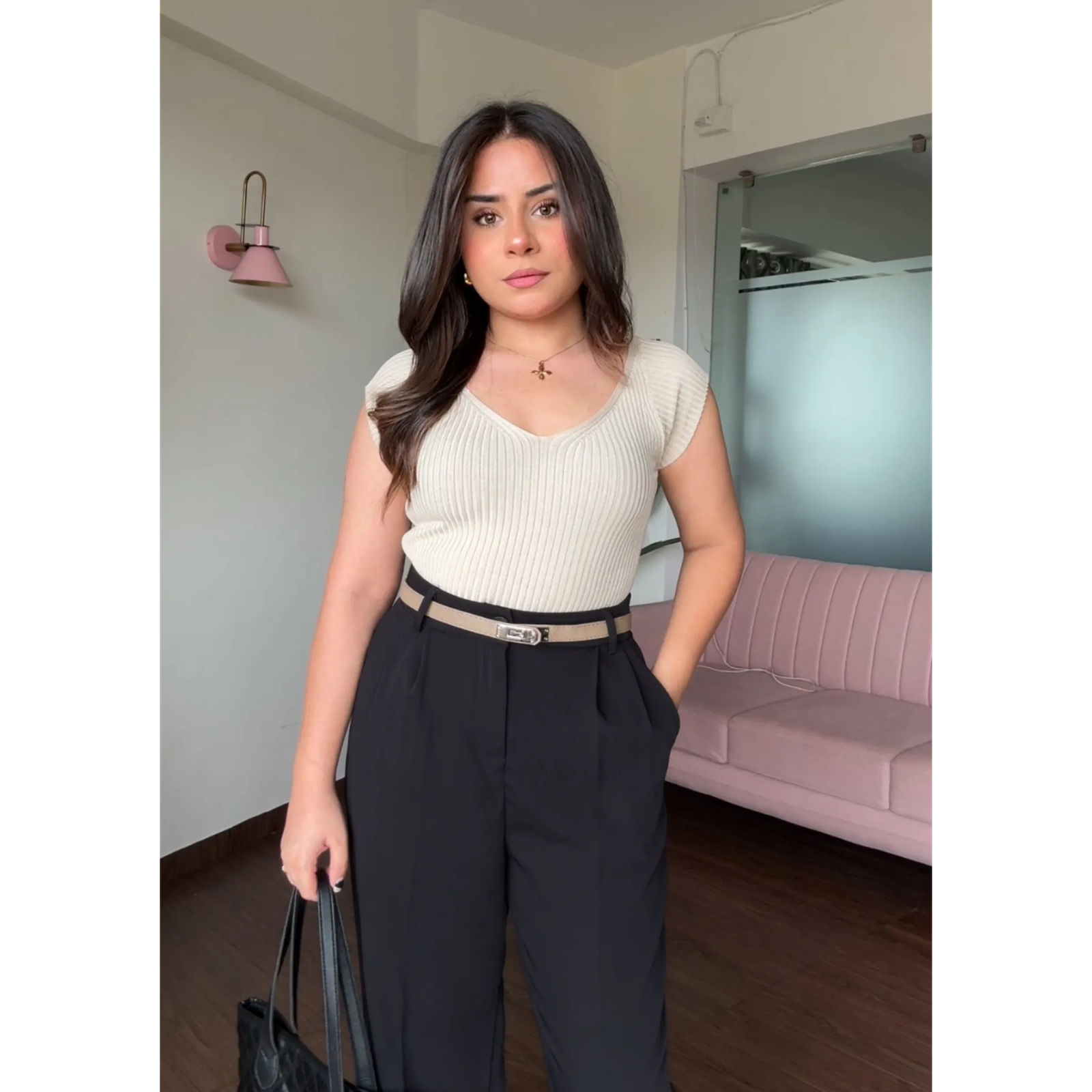 V Neck Ribbed Top With Belt