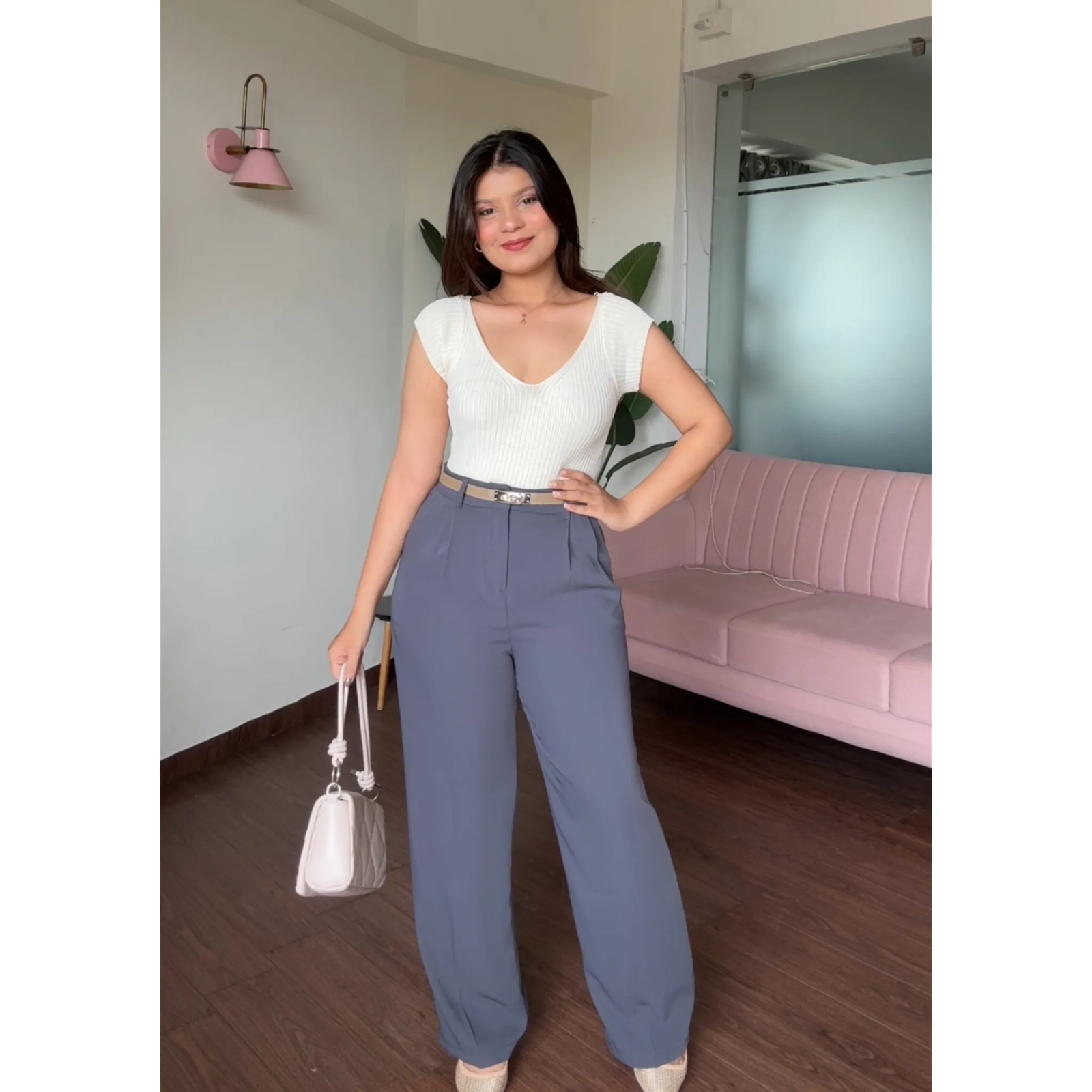 V Neck Ribbed Top With Belt