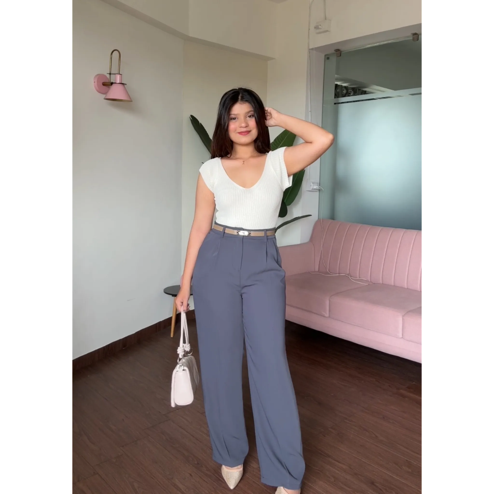 V Neck Ribbed Top With Belt