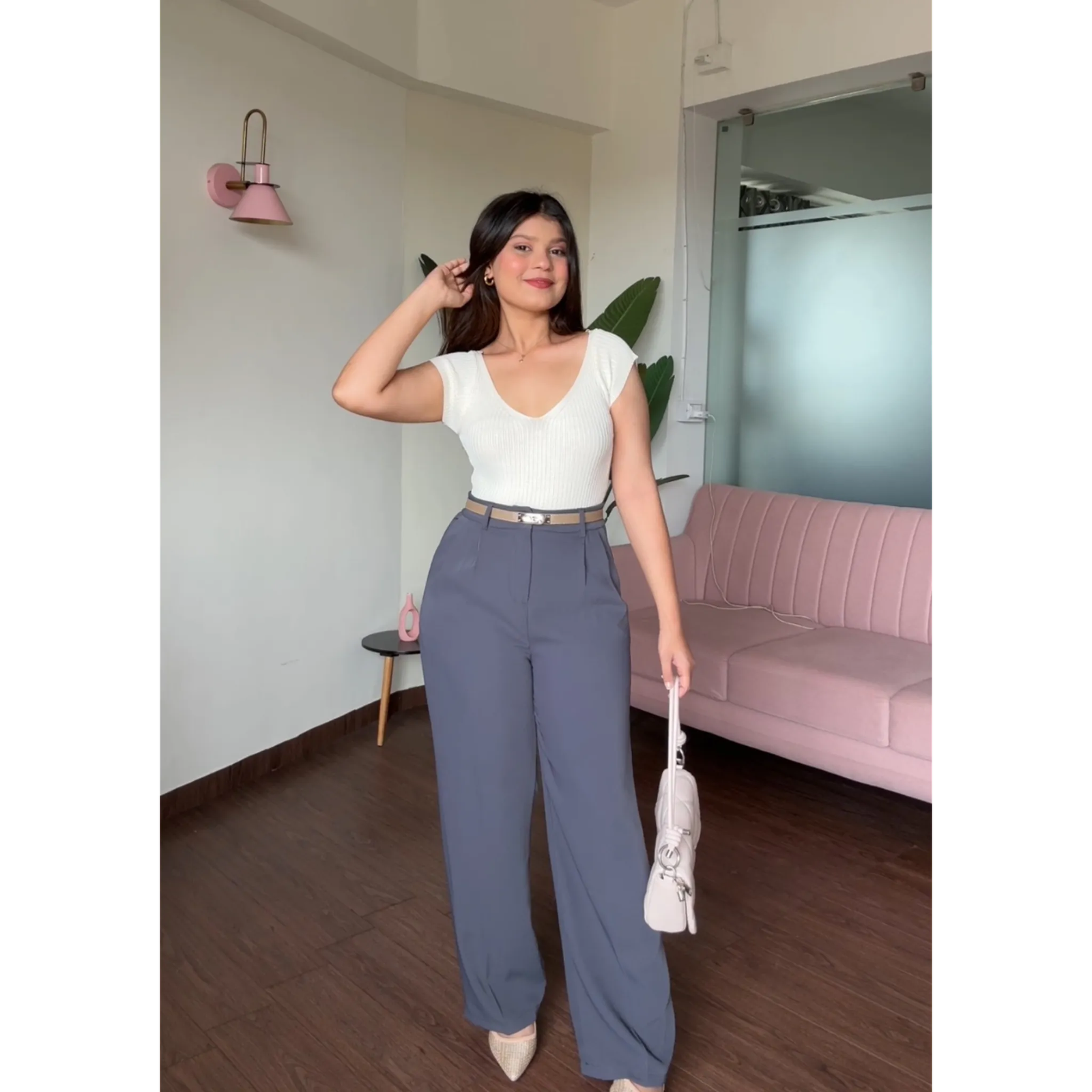 V Neck Ribbed Top With Belt