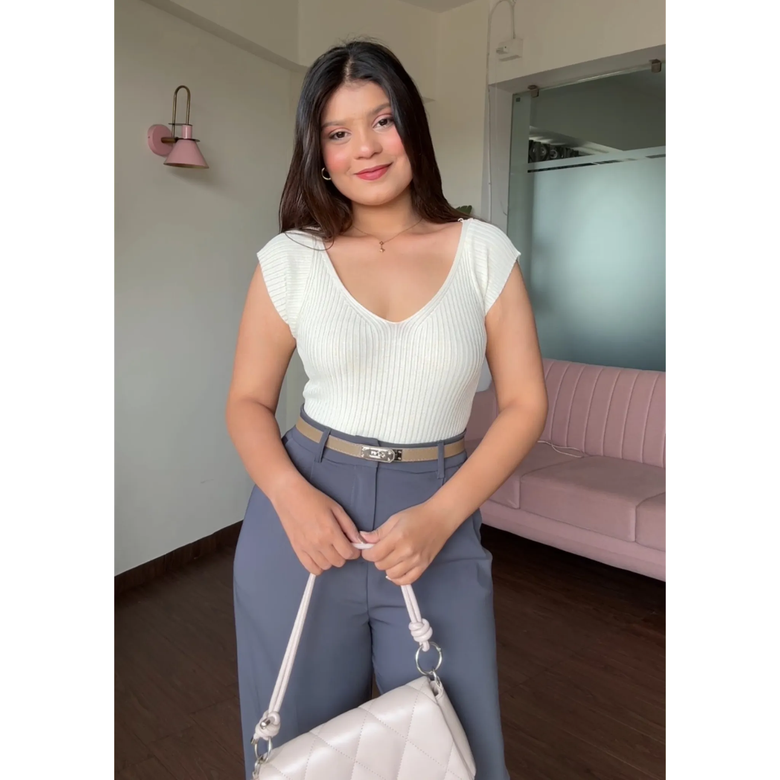 V Neck Ribbed Top With Belt