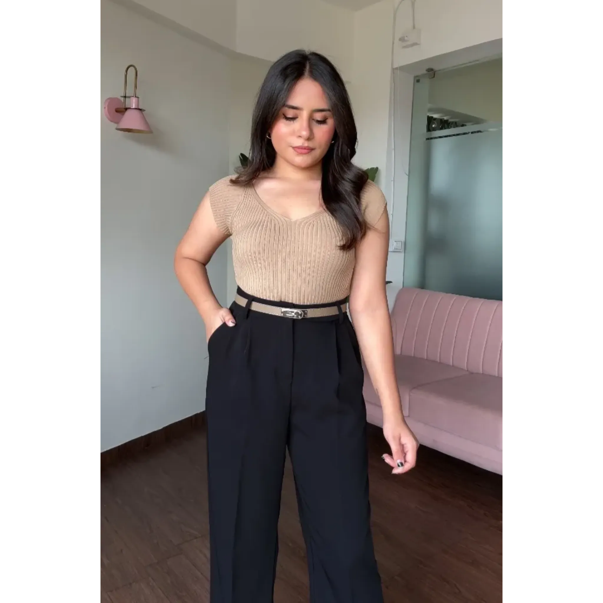 V Neck Ribbed Top With Belt