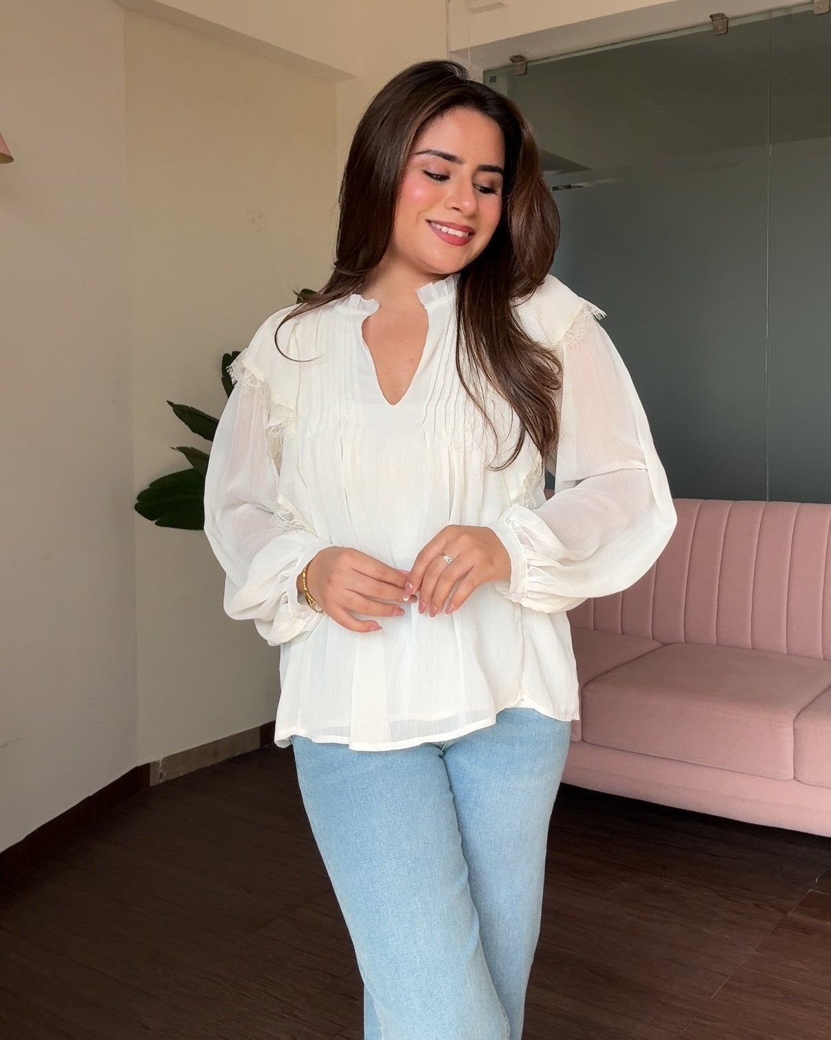 V Neck Ruffle Detailing Chiffon Blouse