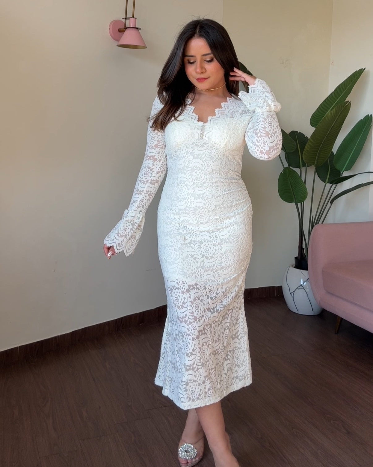 V Neck Stone Detailing Midi Dress