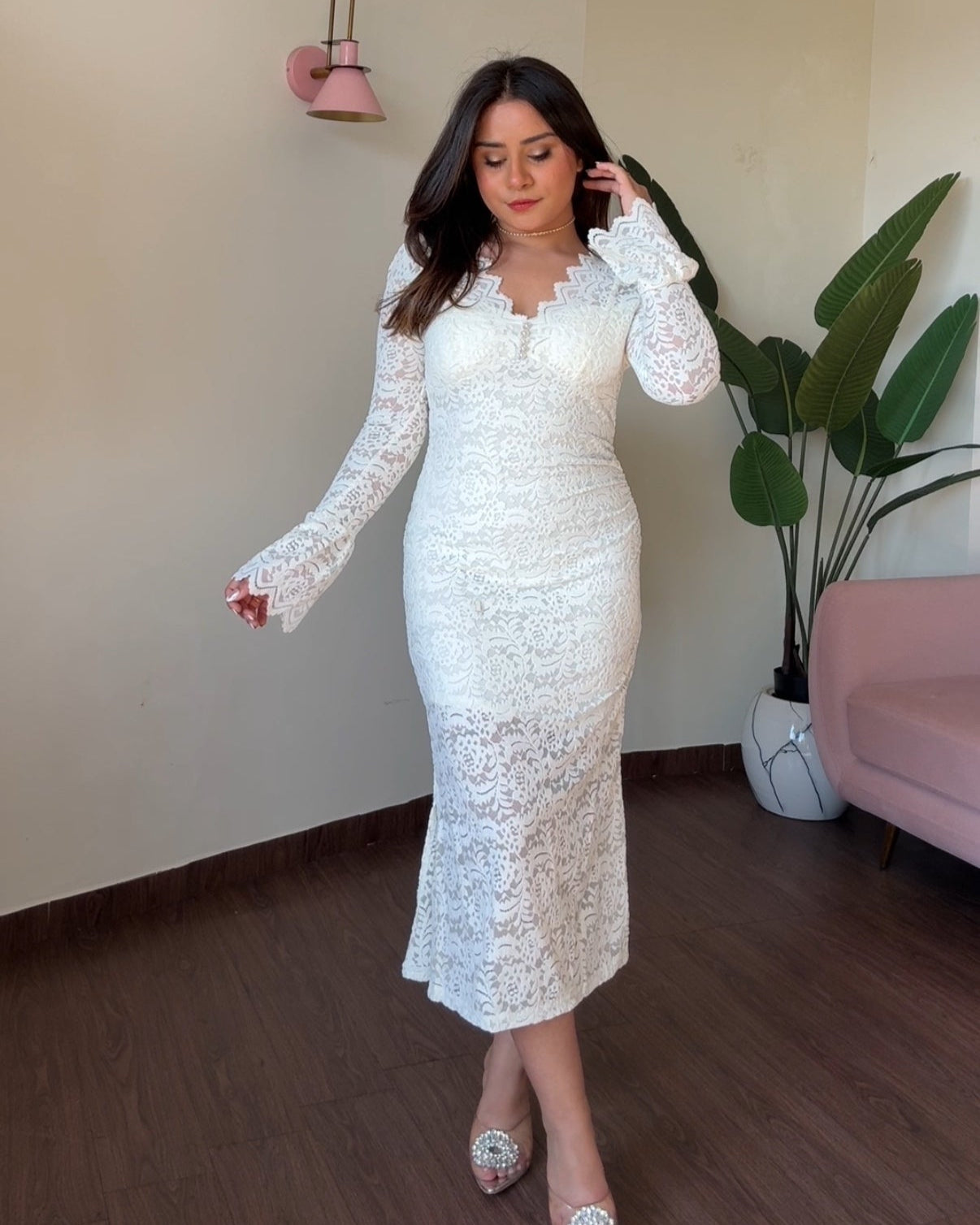 V Neck Stone Detailing Midi Dress