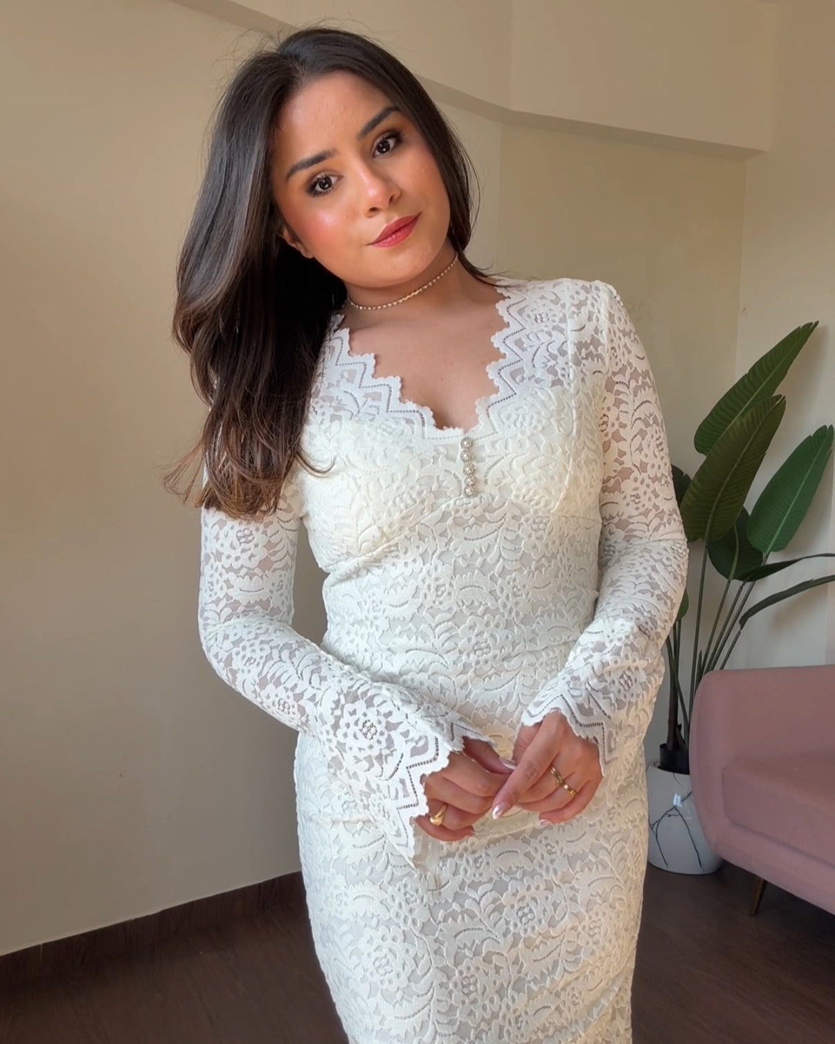 V Neck Stone Detailing Midi Dress