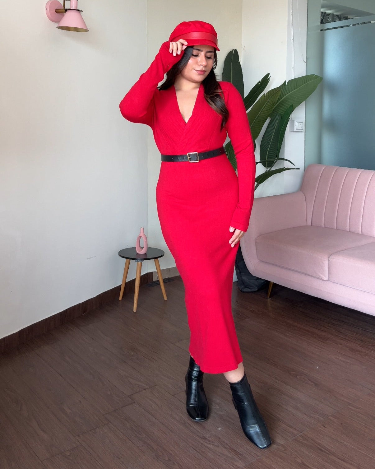 V Neck Woollen Bodycon Midi Sweater Dress