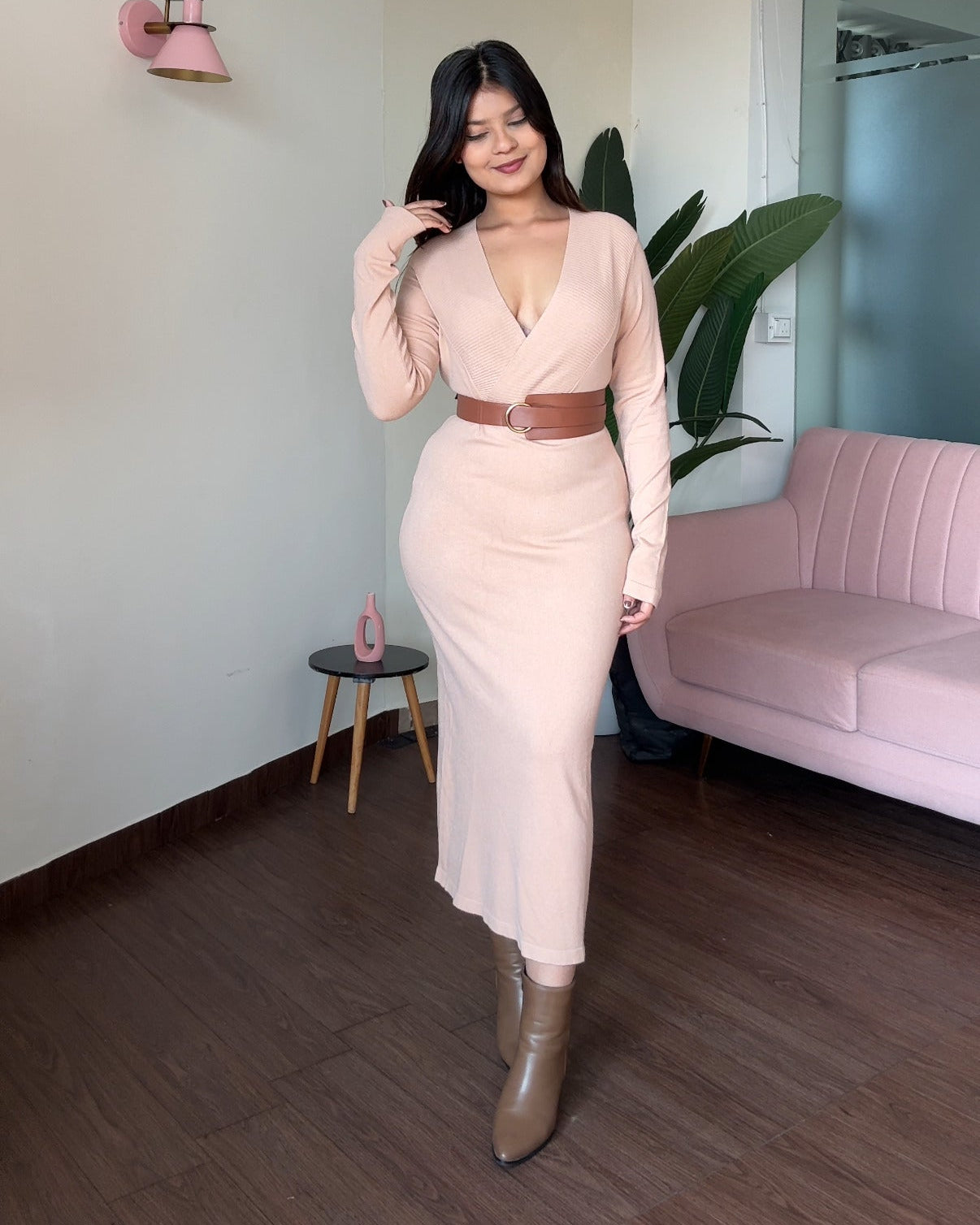 V Neck Woollen Bodycon Midi Sweater Dress