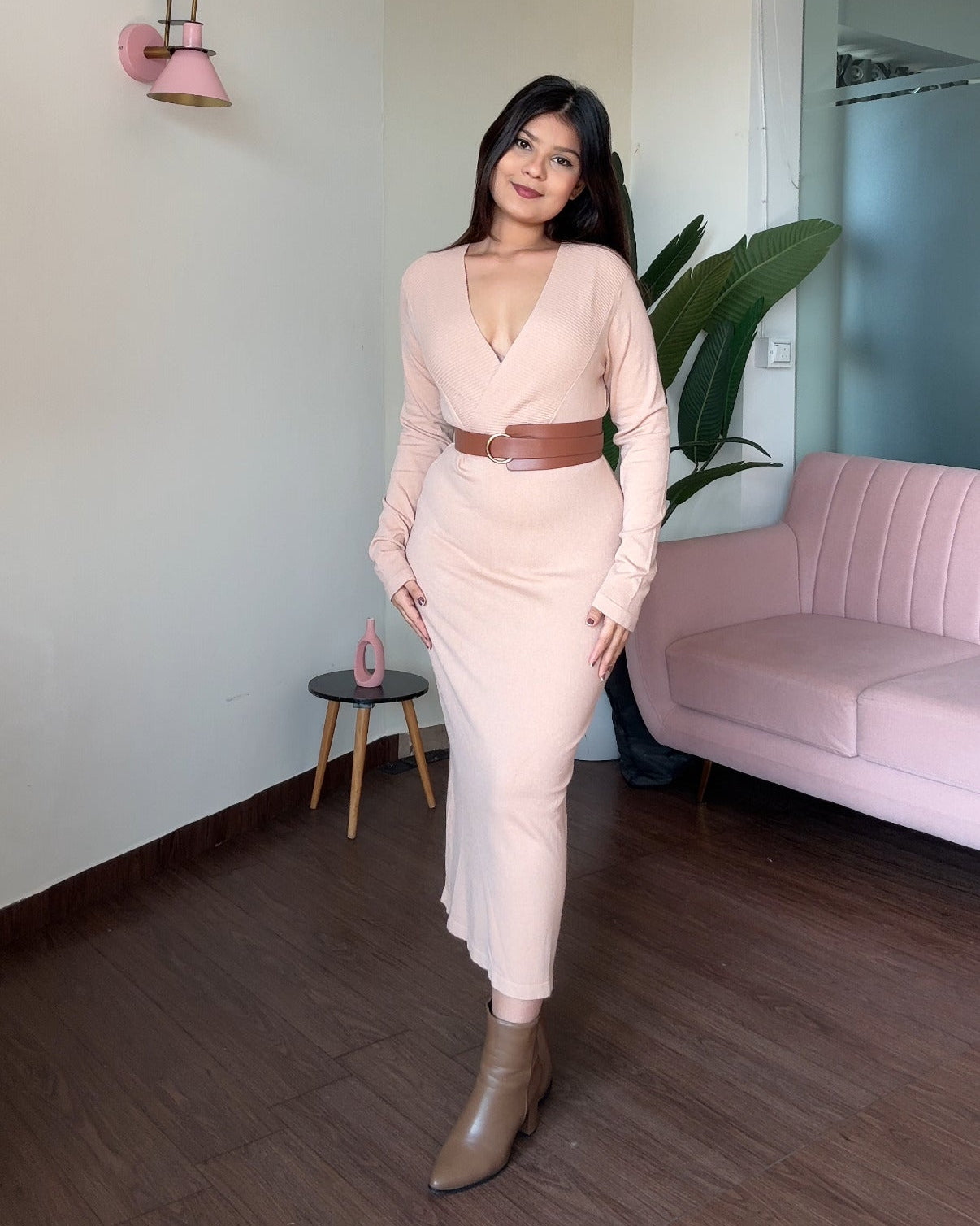 V Neck Woollen Bodycon Midi Sweater Dress
