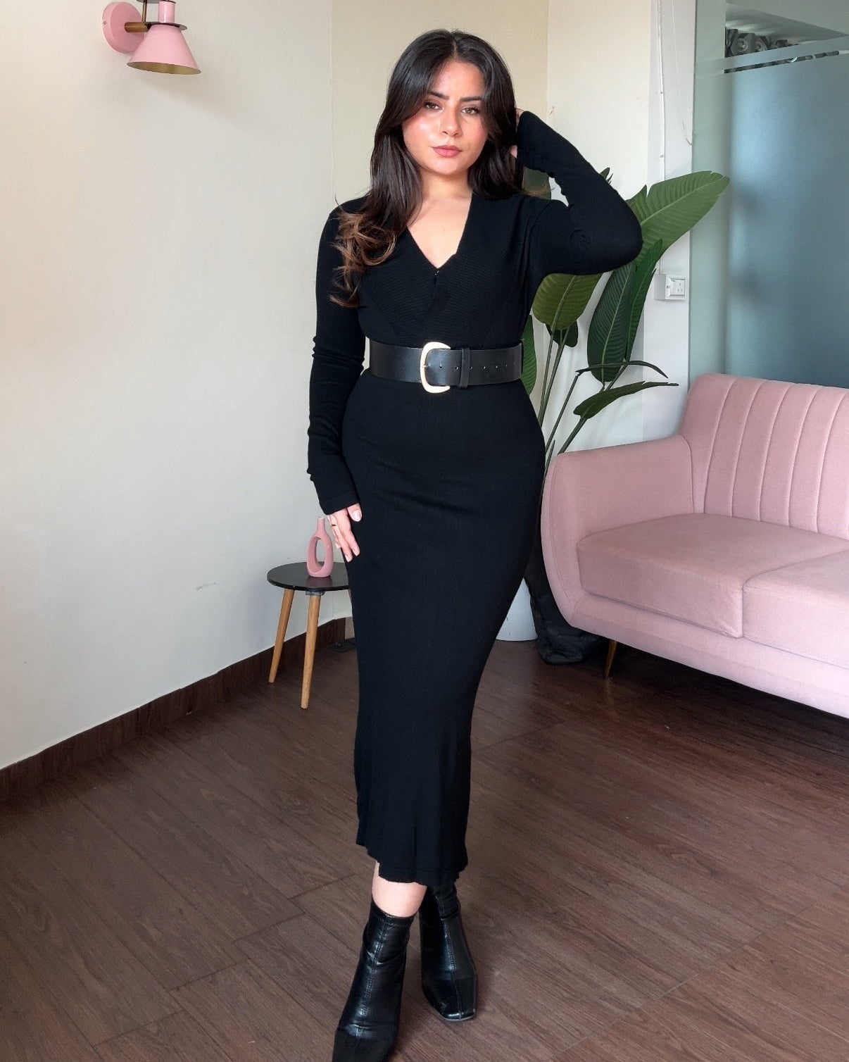 V Neck Woollen Bodycon Midi Sweater Dress