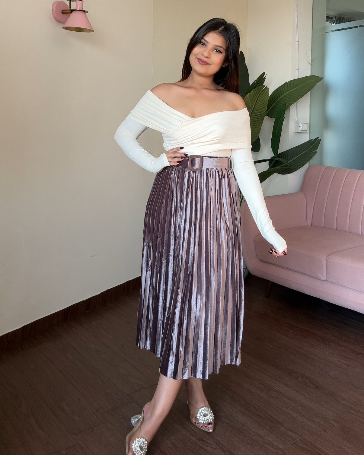 Velvet Pleated Midi Skirt With Belt