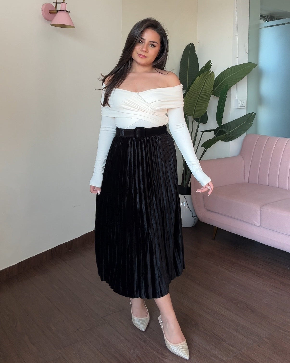 Velvet Pleated Midi Skirt With Belt