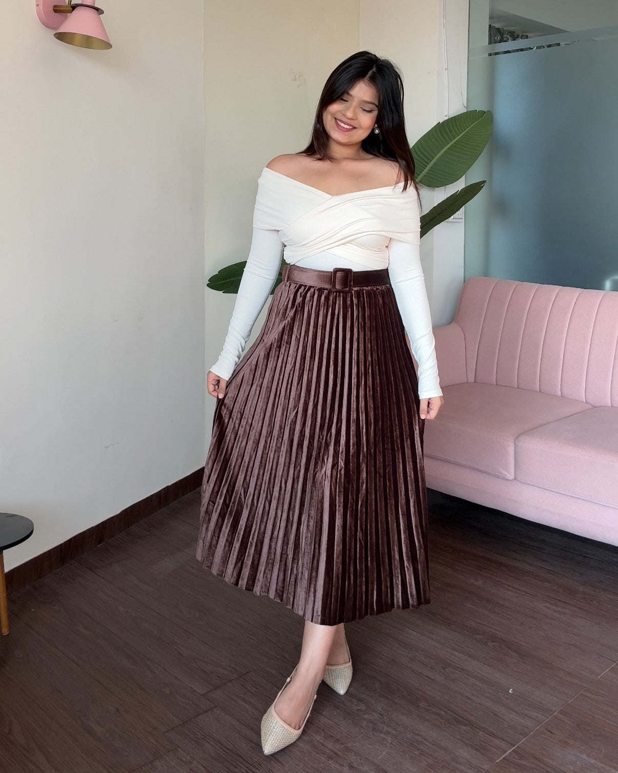 Velvet Pleated Midi Skirt With Belt