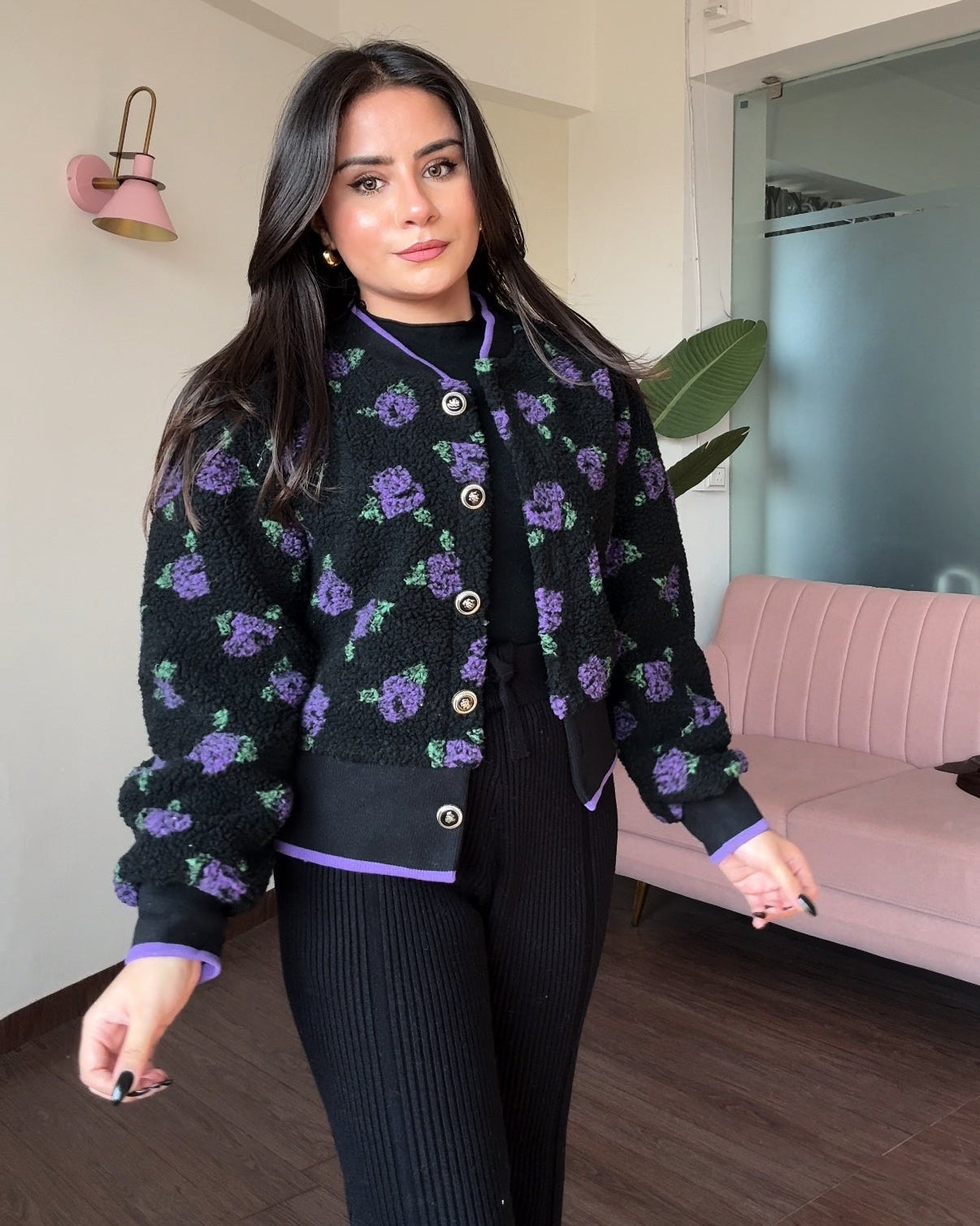 Violet Roses Button Detailing Bomber Jacket