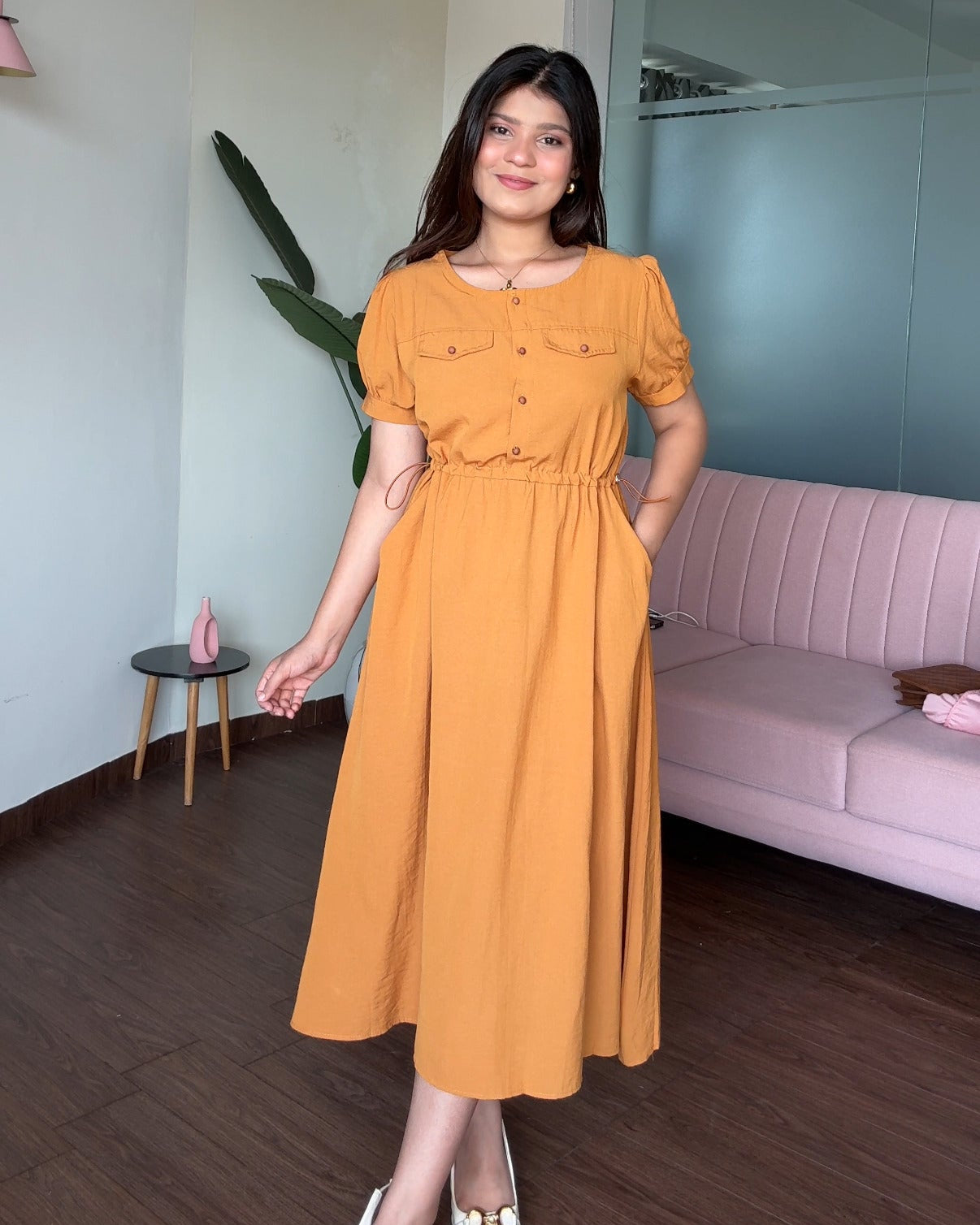 Waist Adjustable Cotton Flared Dress