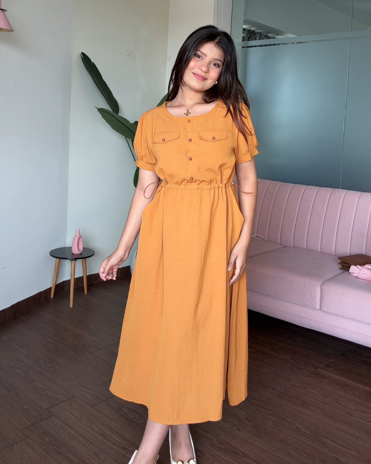 Waist Adjustable Cotton Flared Dress