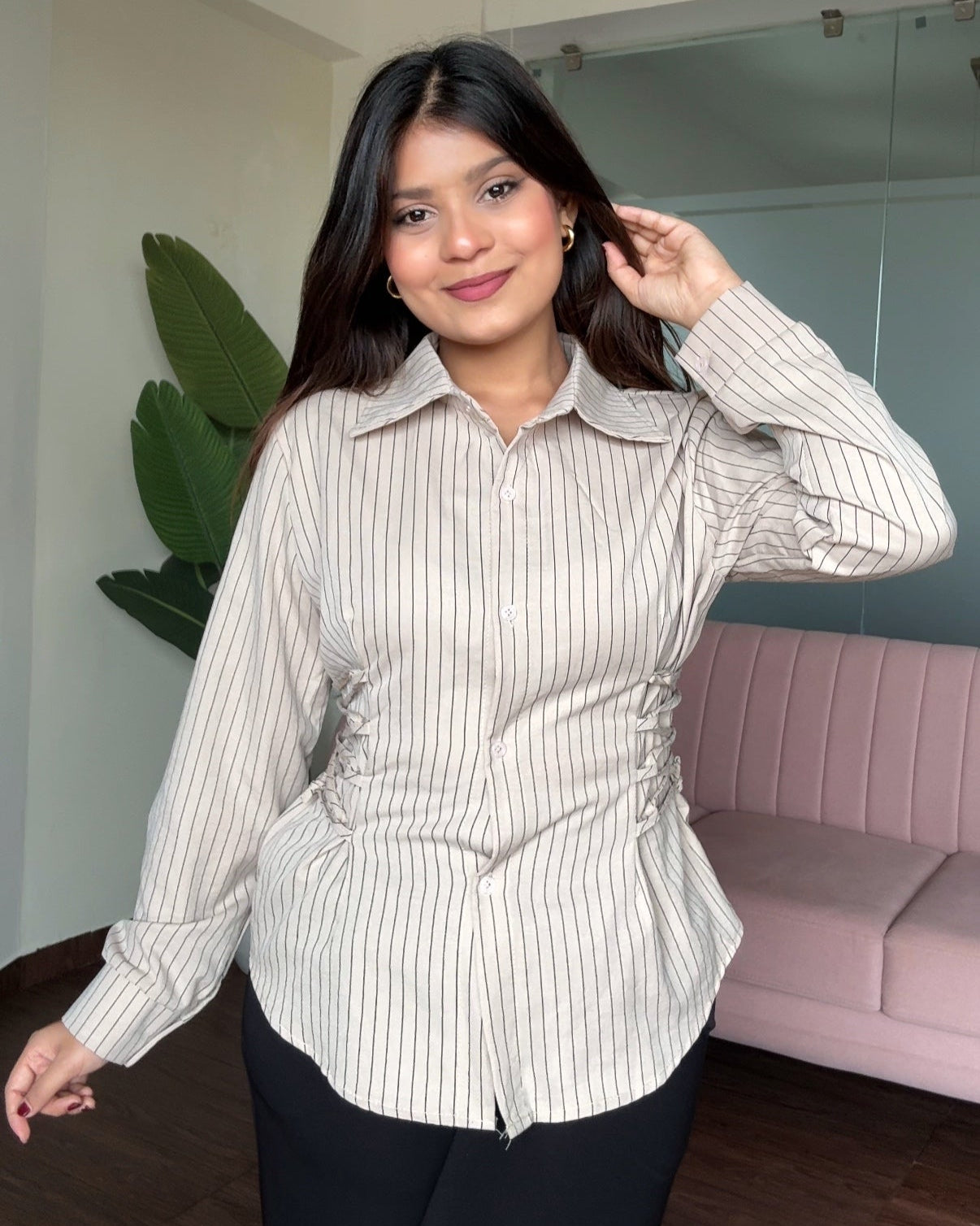 Waist Adjustable Stripped Button Up Shirt
