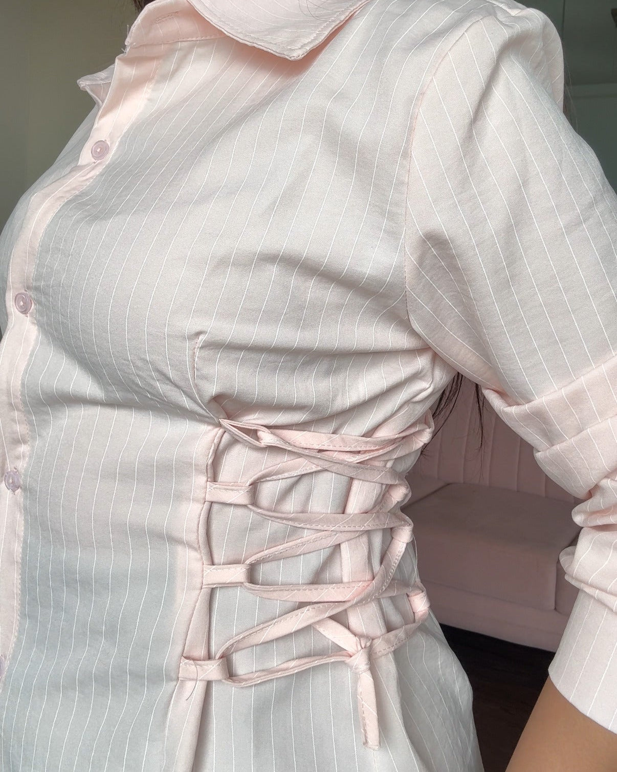 Waist Adjustable Stripped Button Up Shirt