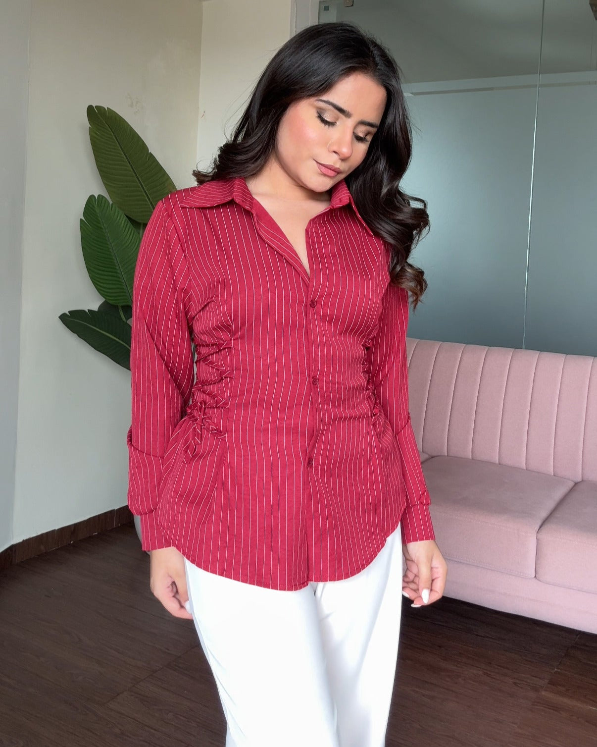 Waist Adjustable Stripped Button Up Shirt