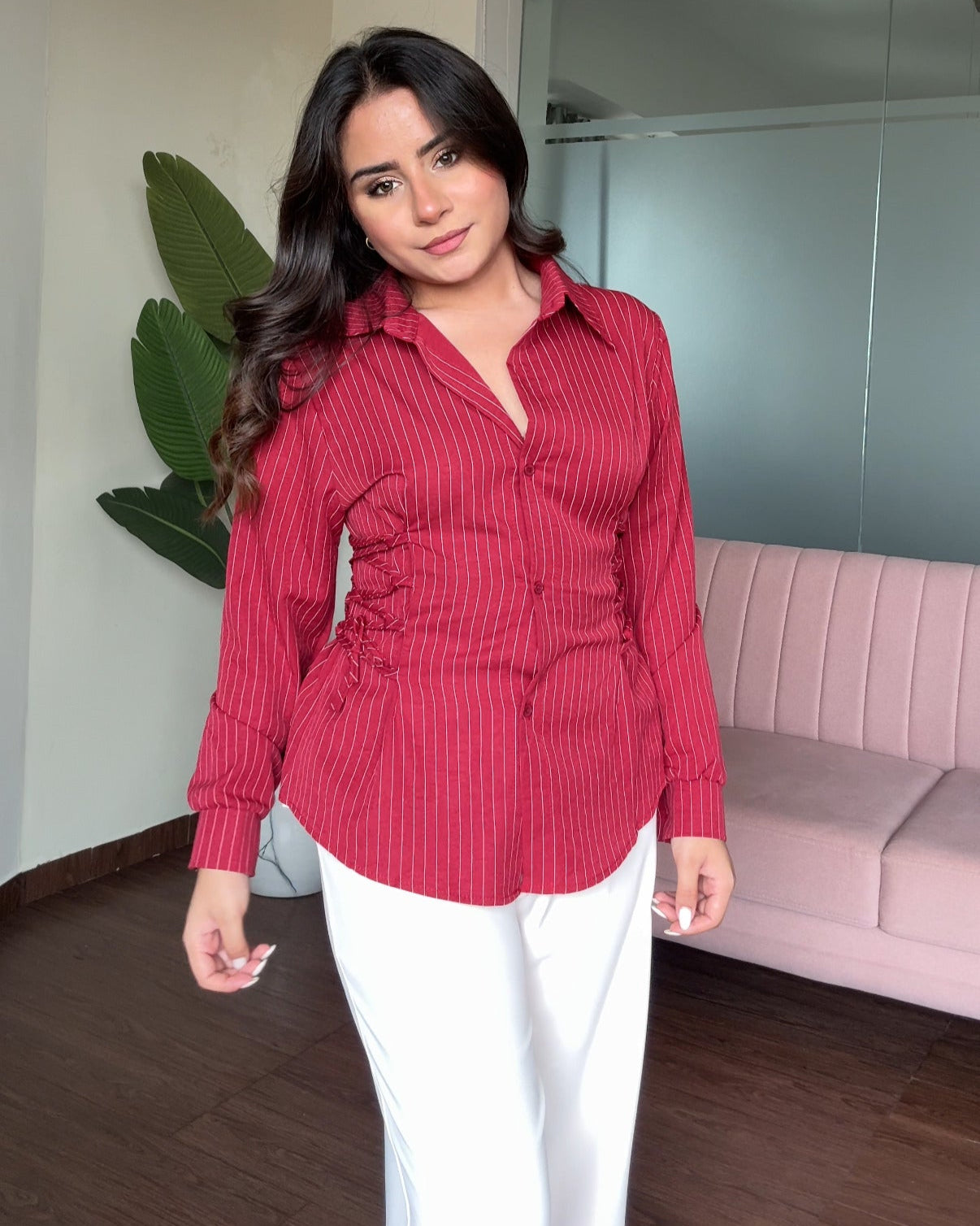 Waist Adjustable Stripped Button Up Shirt