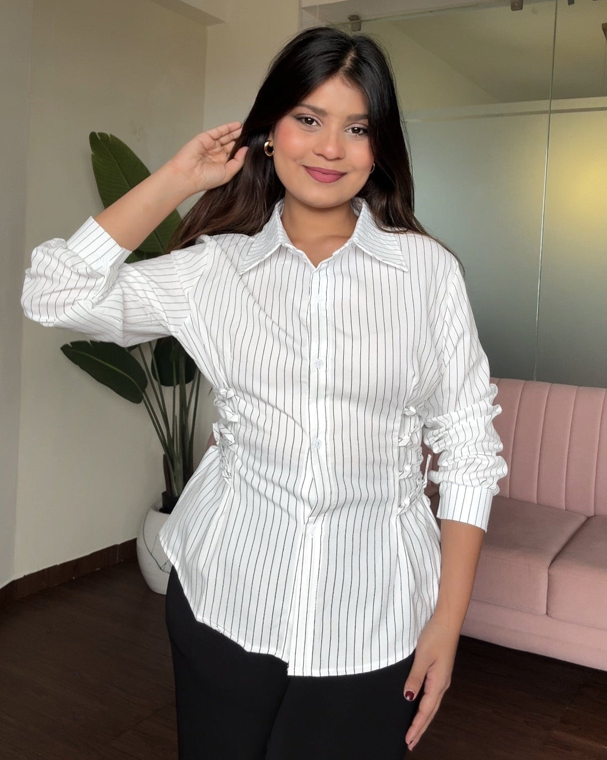 Waist Adjustable Stripped Button Up Shirt