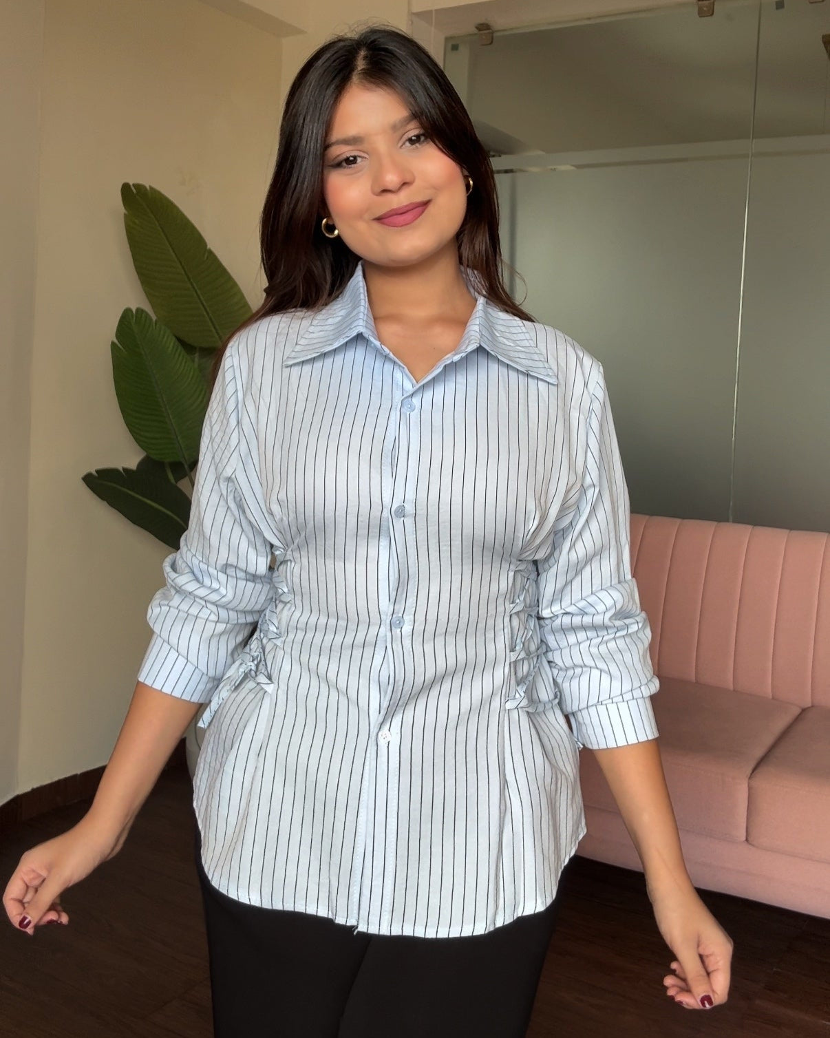 Waist Adjustable Stripped Button Up Shirt