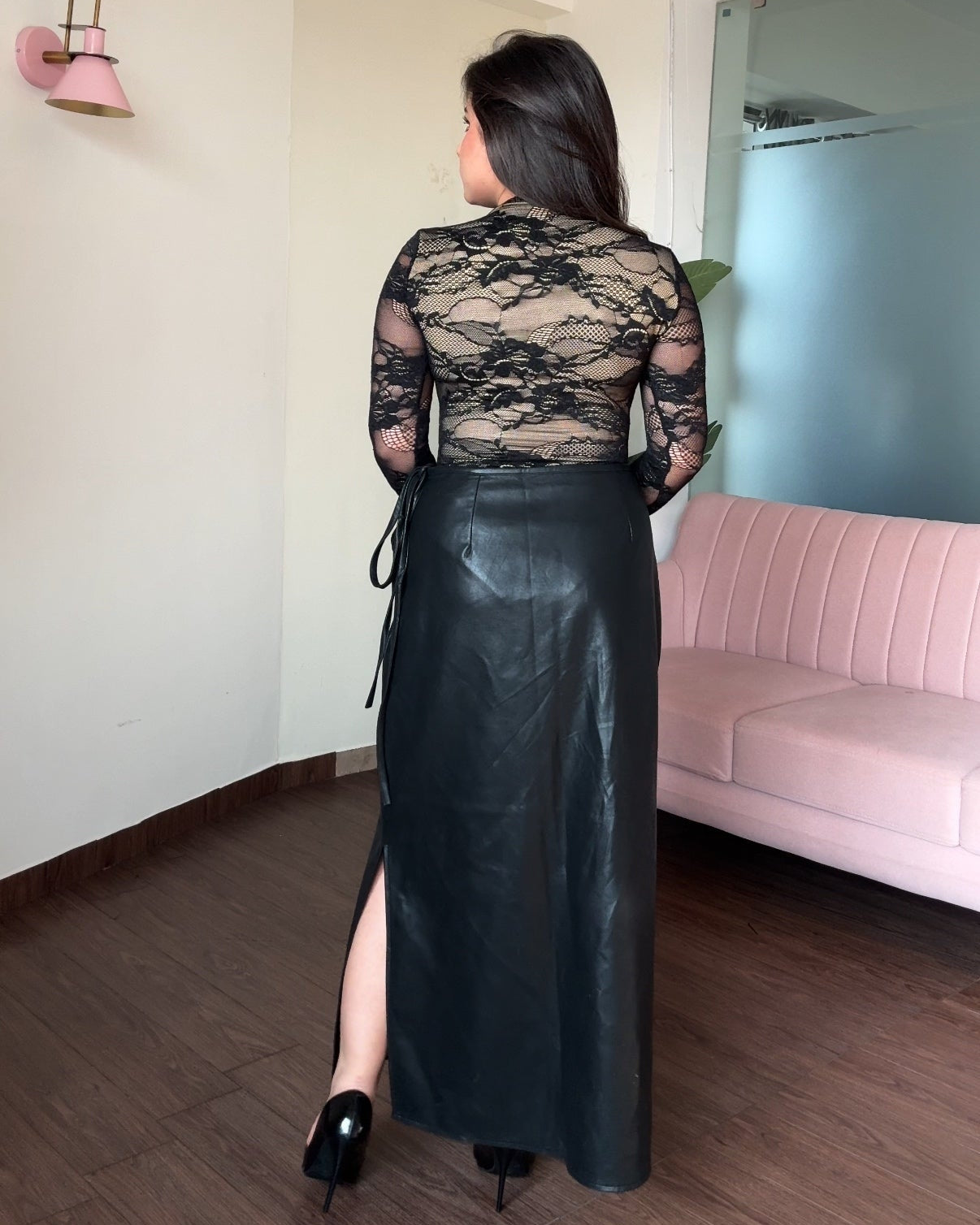 Waist Tie Up Leather Midi Skirt