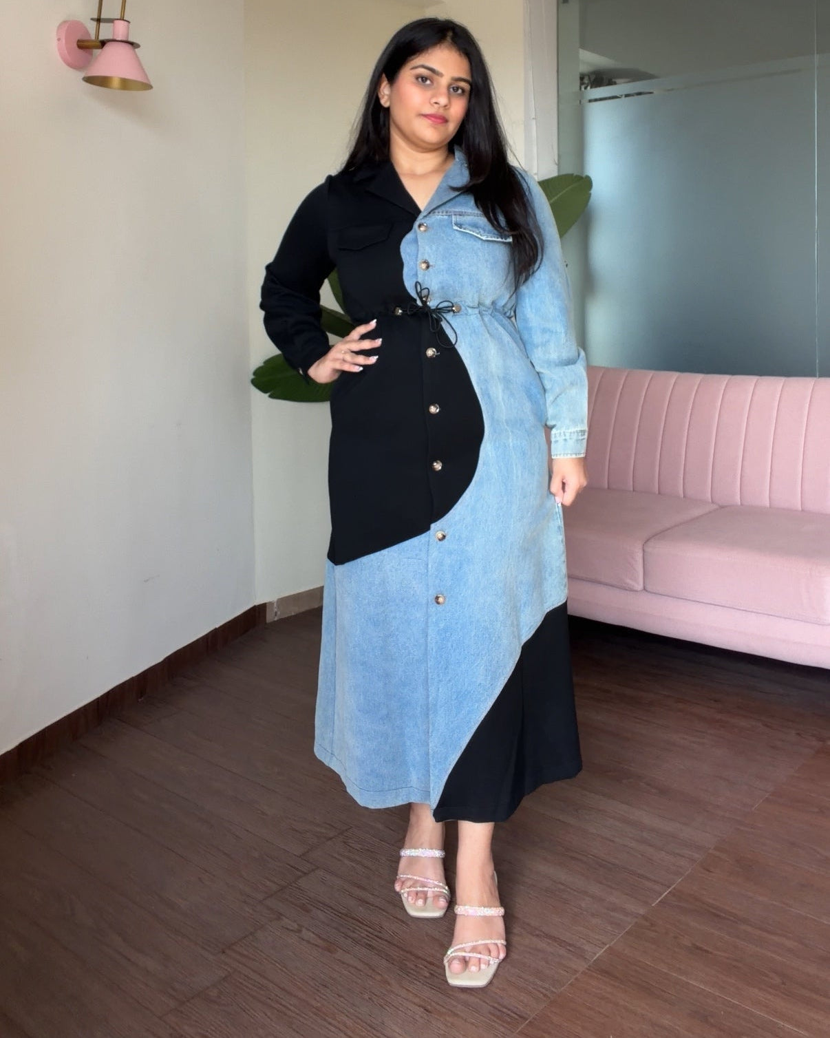 Wavy Contrast Denim Detailing Waist Adjustable Midi Dress