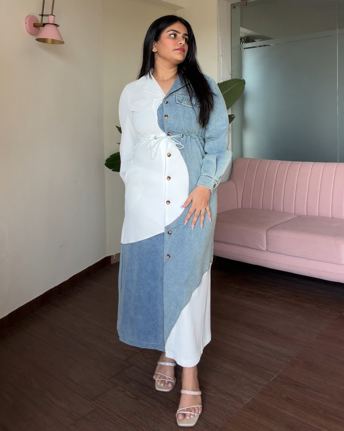 Wavy Contrast Denim Detailing Waist Adjustable Midi Dress