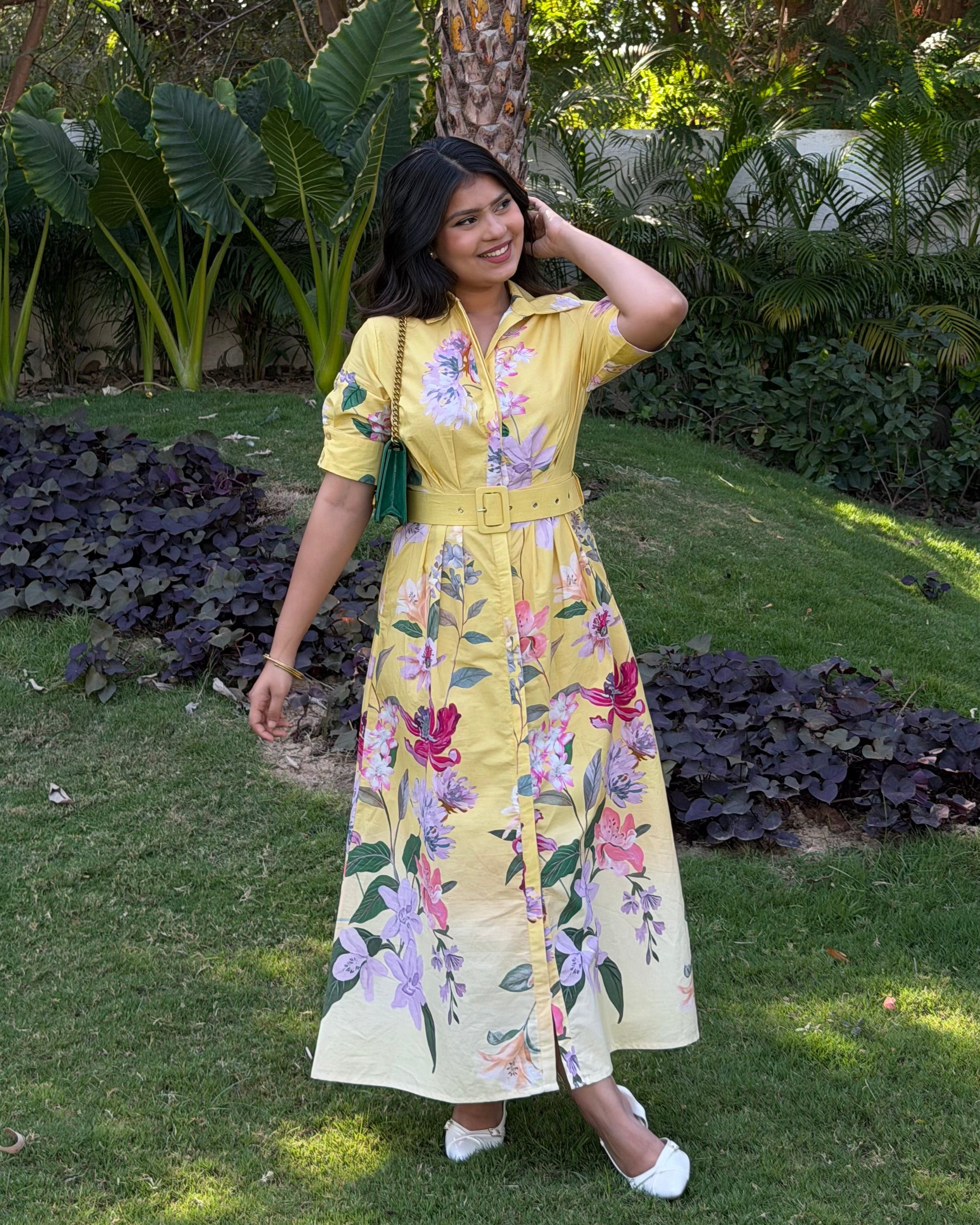 Yellow Floral Detailing Shirt Dress