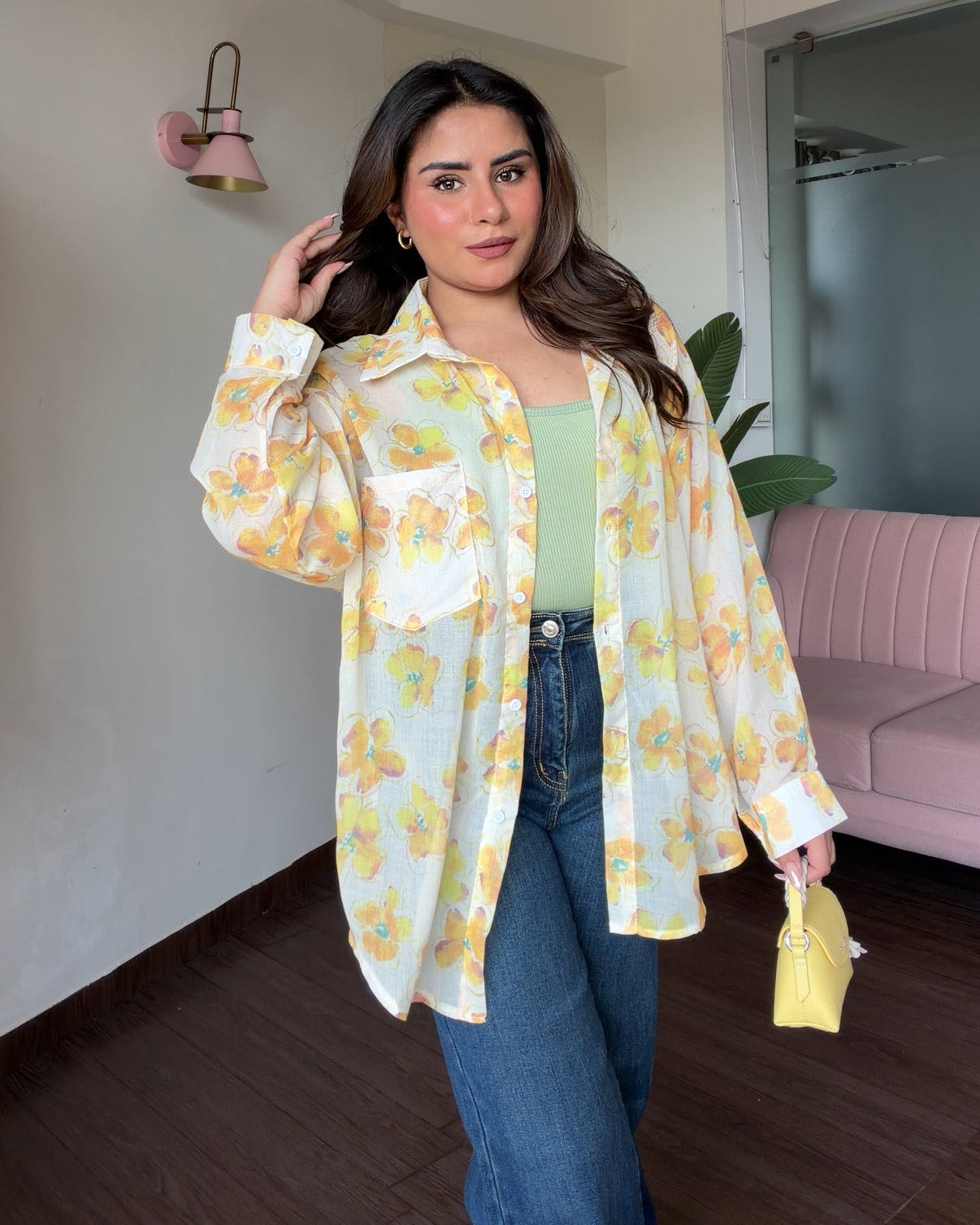 Yellow Floral Printed Sheer Summer Shirt With Cami Top