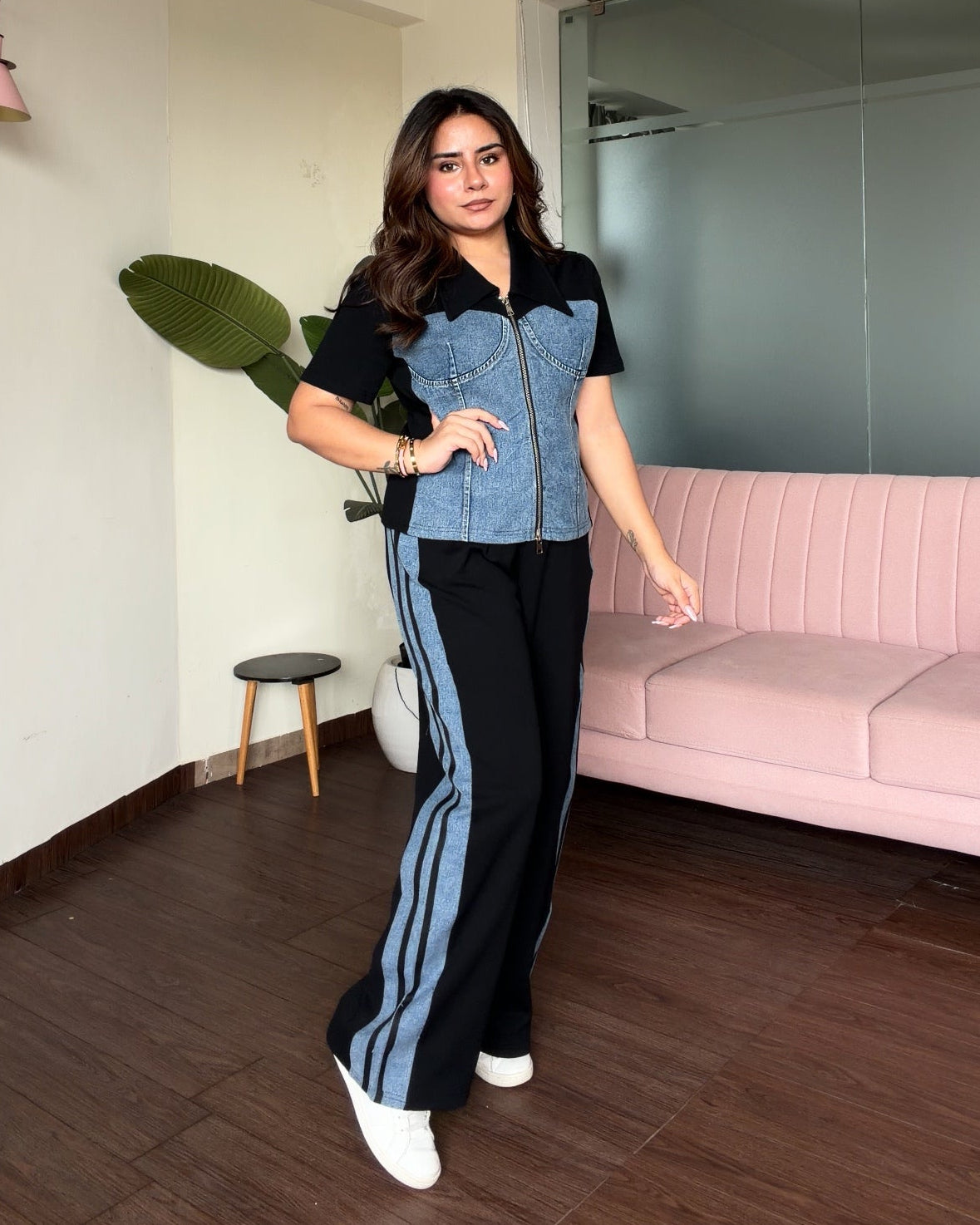 Zip Up Detailing Denim Summer Co-ord Set