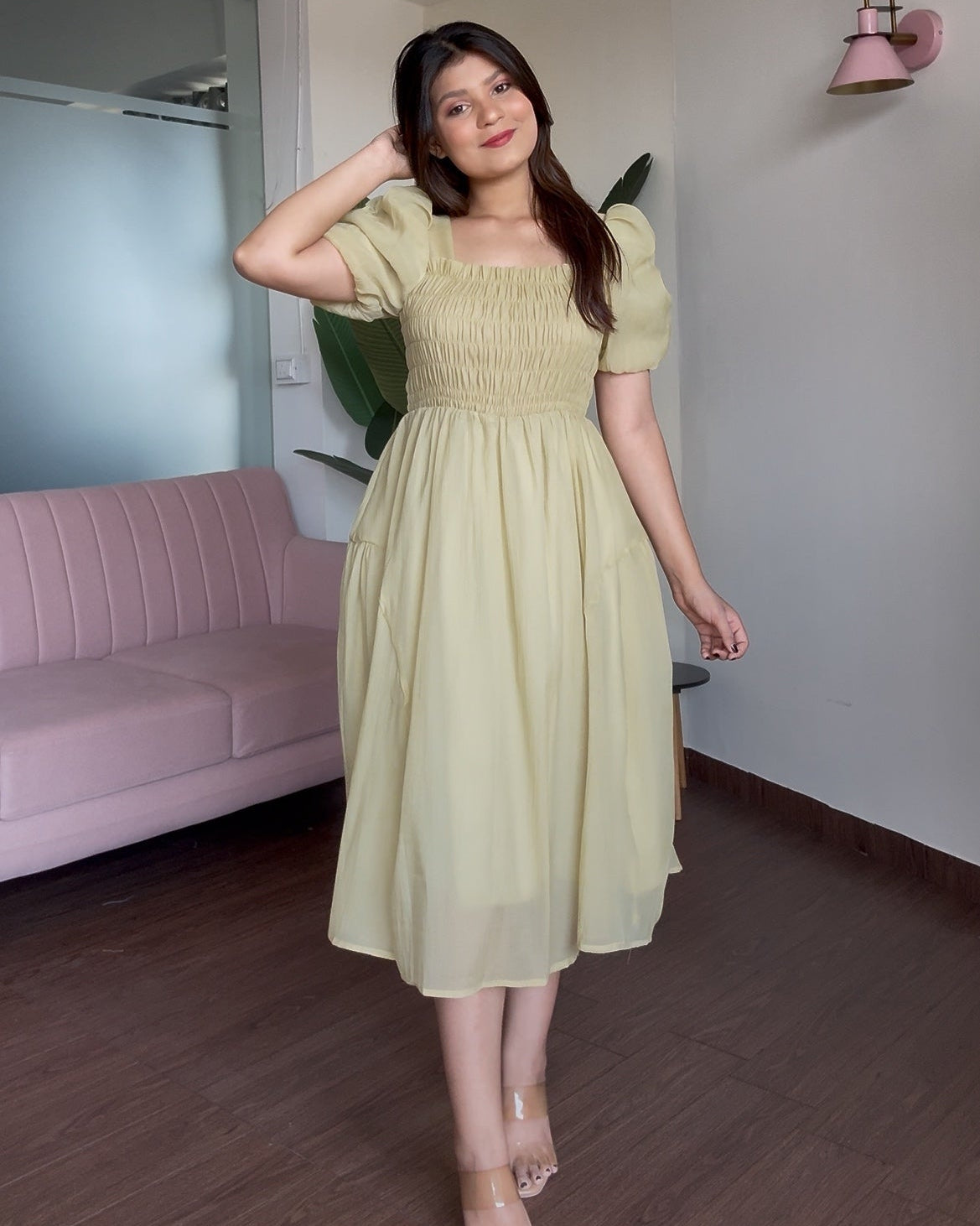 Smocked Puff Sleeve Tissue Organza Dress