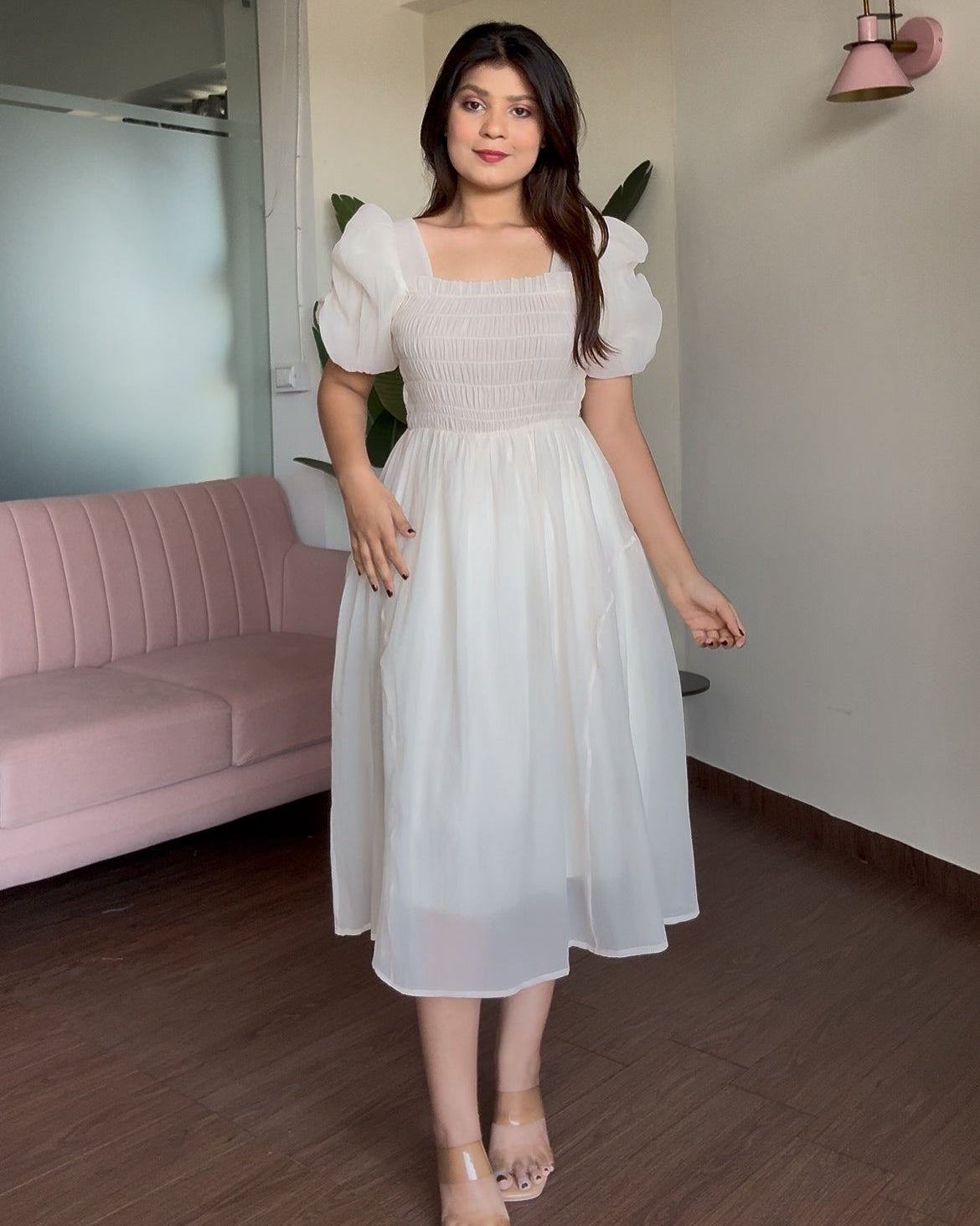 Smocked Puff Sleeve Tissue Organza Dress