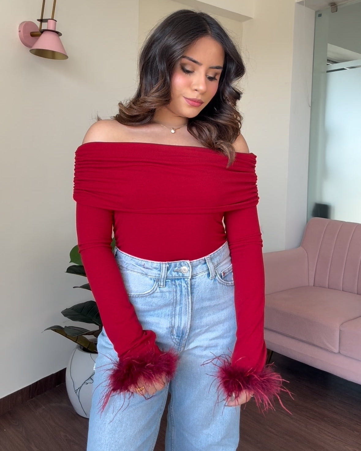 Off Shoulder Fur Detailing Full Sleeve Top