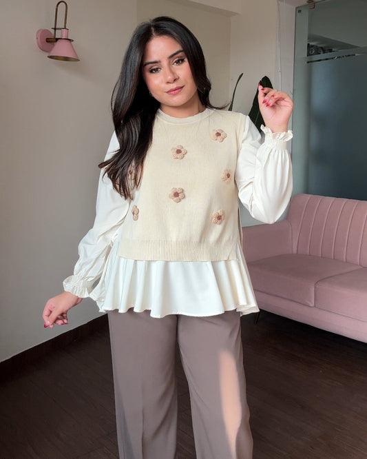 2 Piece 3D Flower Detailing Ruffle Blouse With Vest Top