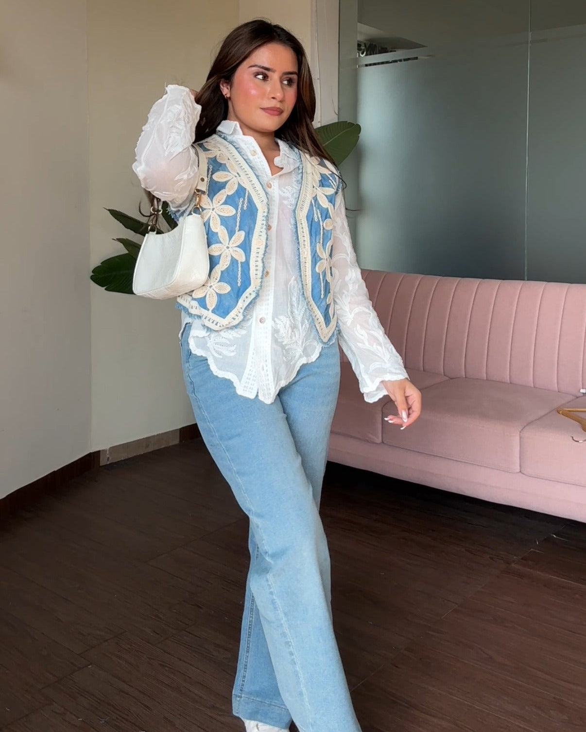 2 Piece Denim Vest Detailing With White Tissue Cotton Shirt