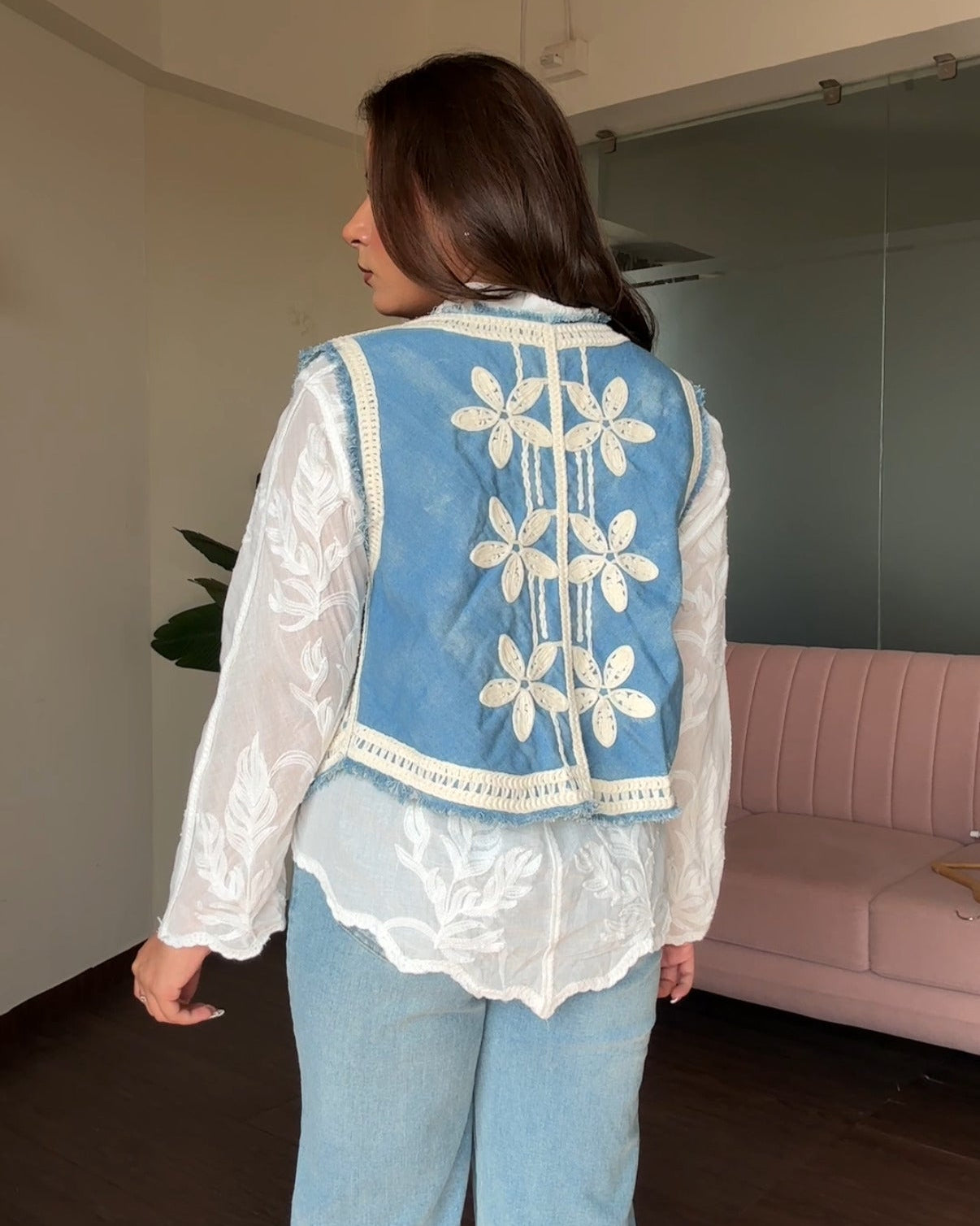 2 Piece Denim Vest Detailing With White Tissue Cotton Shirt