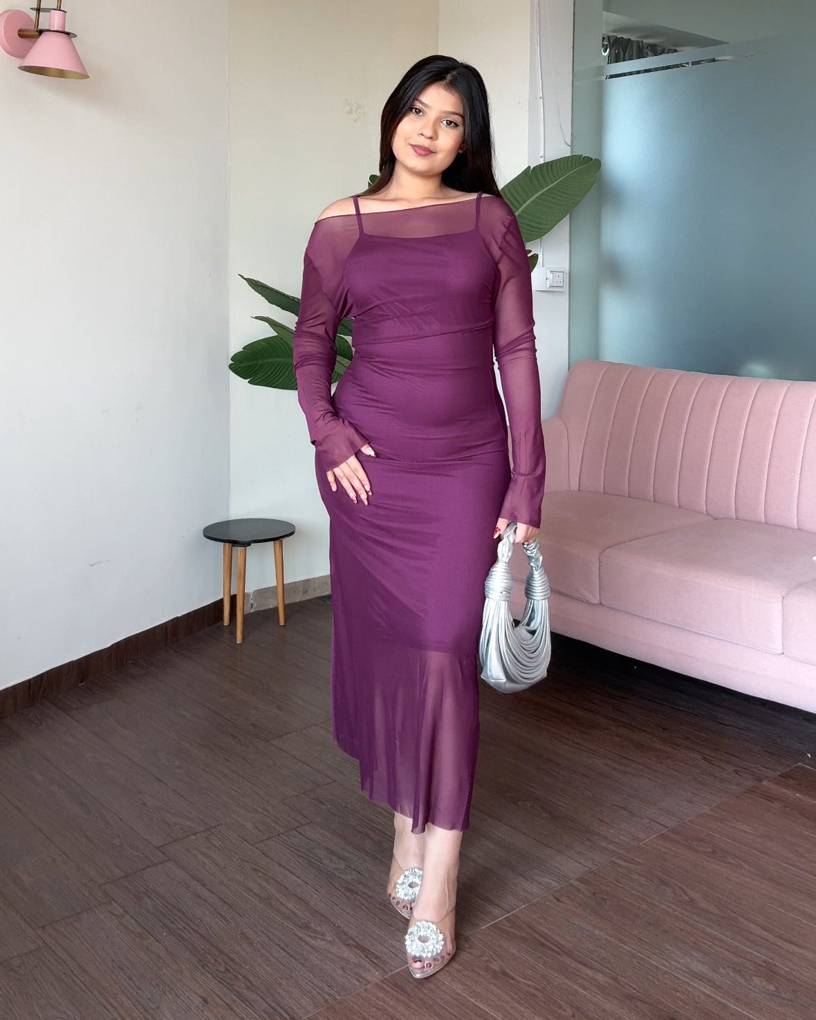 2 Piece Mesh Detailing Bodycon Fitted Midi Dress