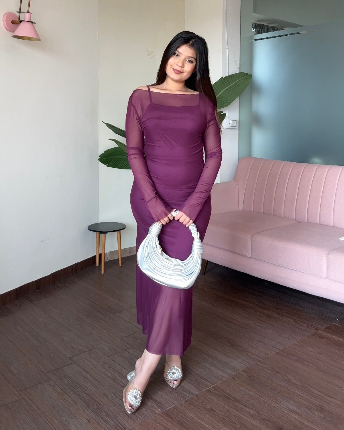 2 Piece Mesh Detailing Bodycon Fitted Midi Dress