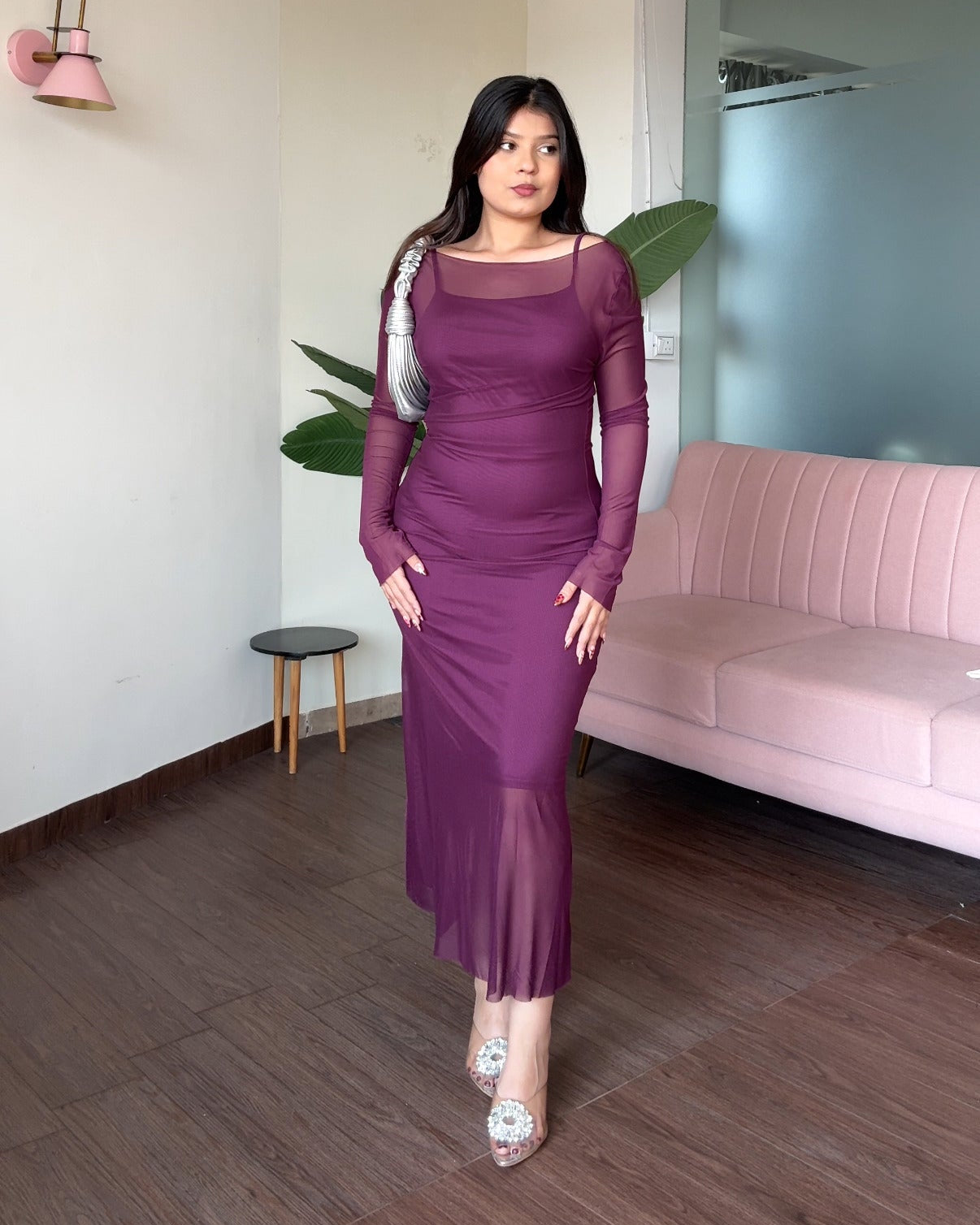2 Piece Mesh Detailing Bodycon Fitted Midi Dress