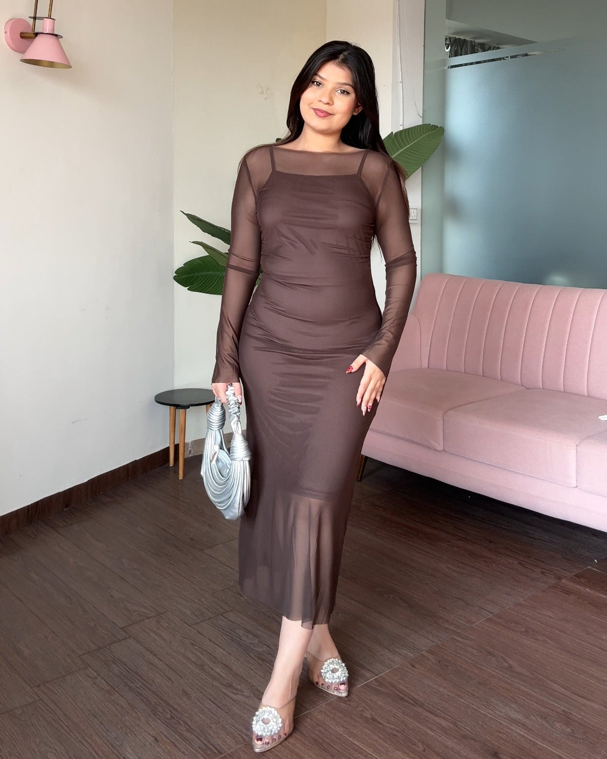 2 Piece Mesh Detailing Bodycon Fitted Midi Dress