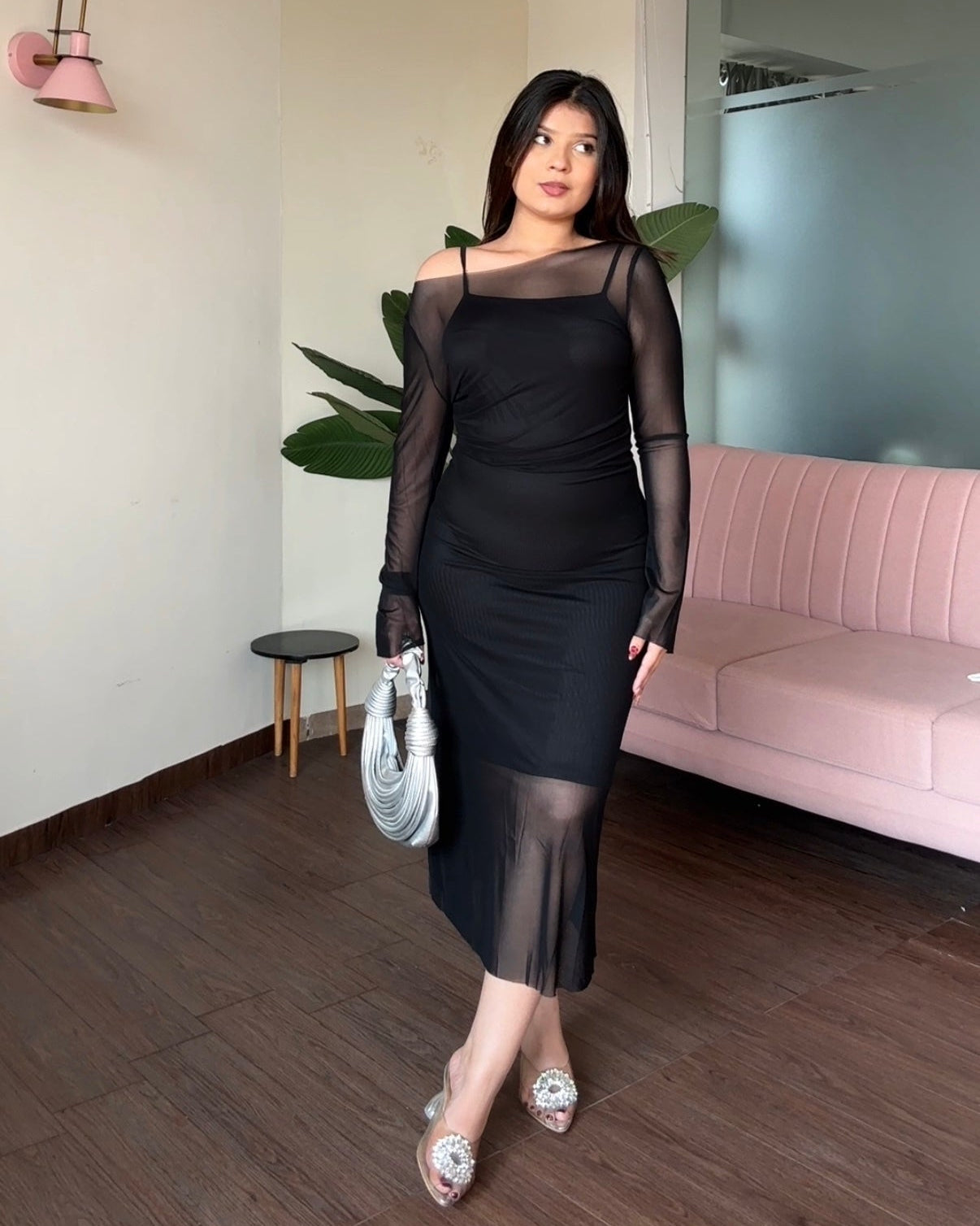 2 Piece Mesh Detailing Bodycon Fitted Midi Dress