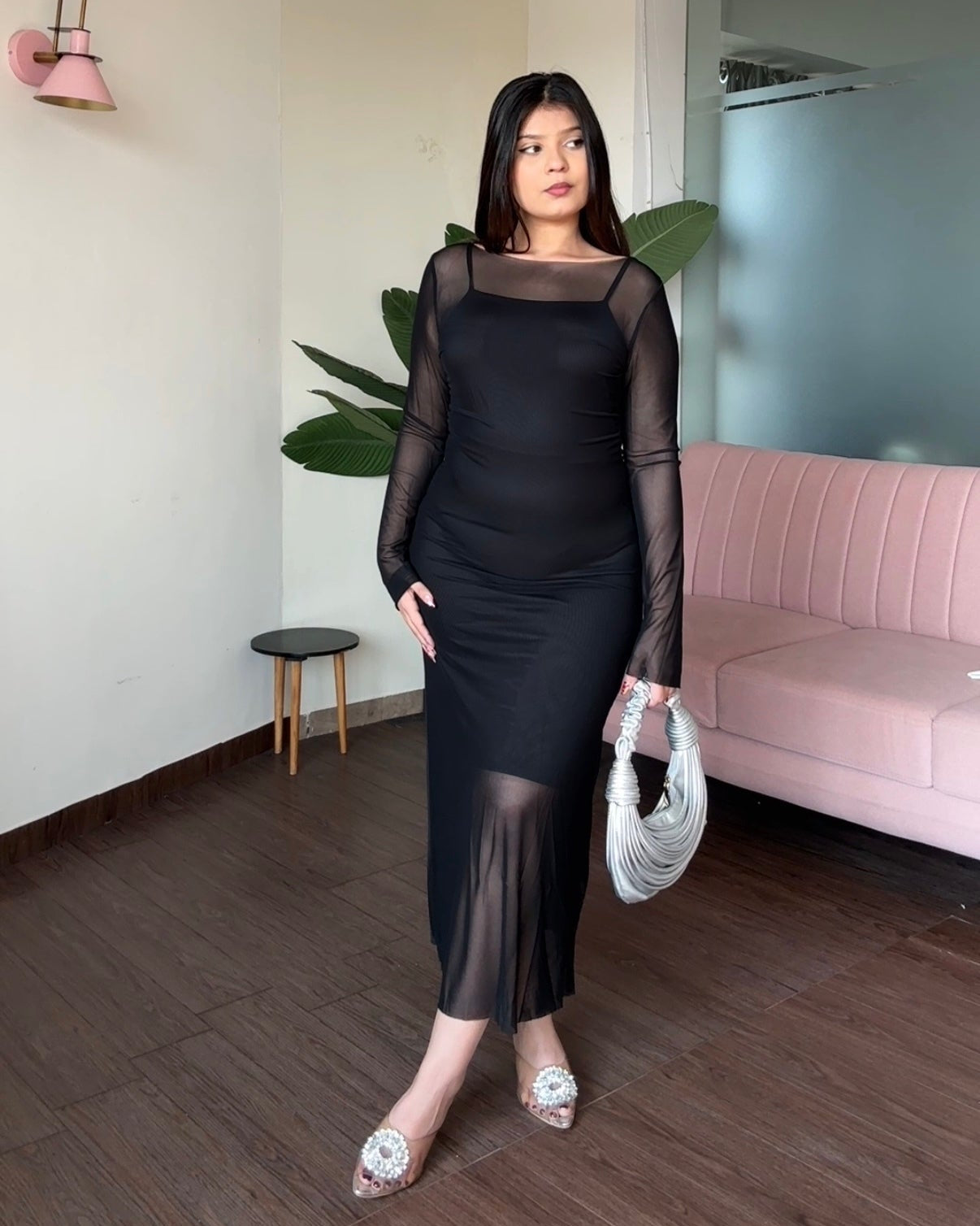 2 Piece Mesh Detailing Bodycon Fitted Midi Dress