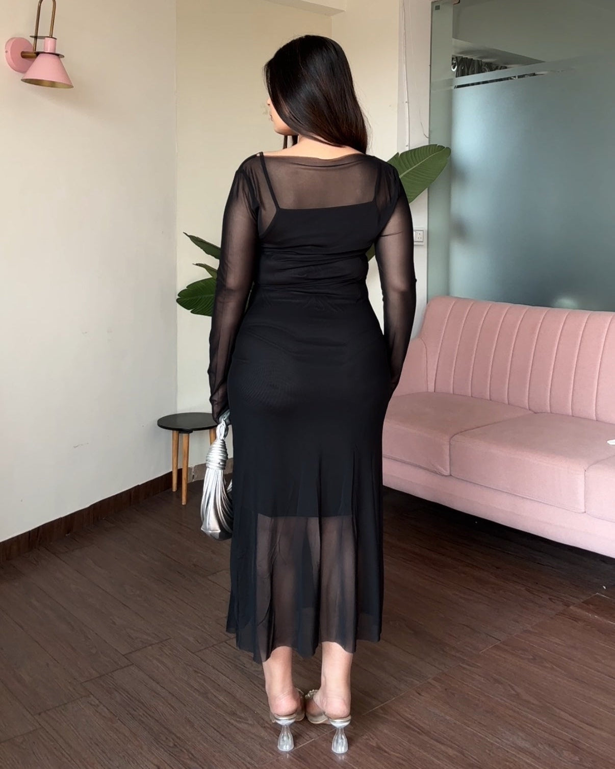 2 Piece Mesh Detailing Bodycon Fitted Midi Dress