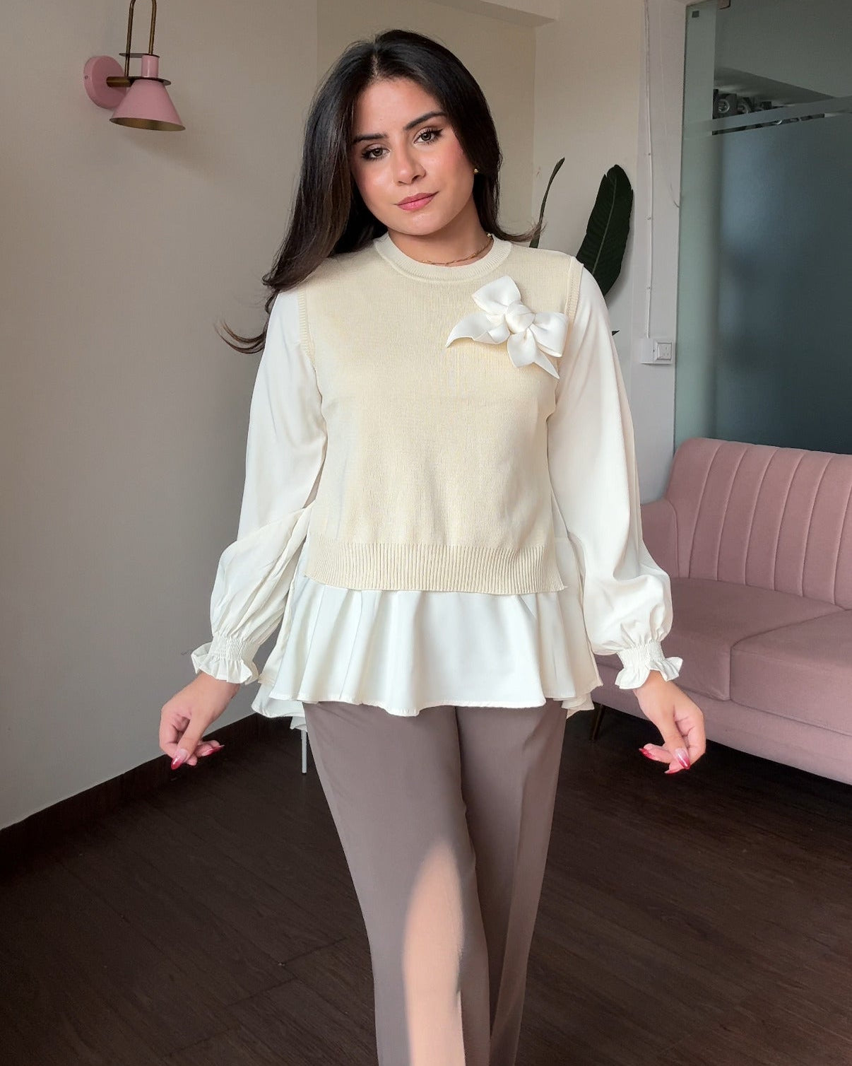 2 Piece Ribbon Bow Detailing Ruffle Blouse With Vest Top