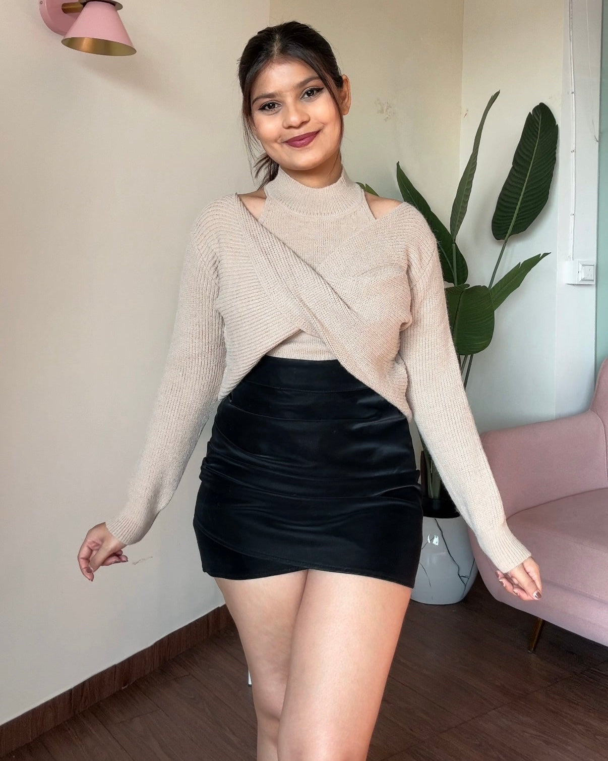 2 Piece Twisted Sweater With High Neck Cami Top