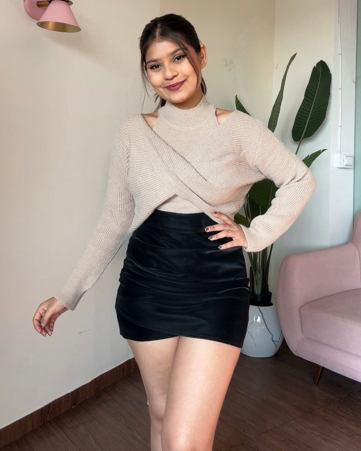 2 Piece Twisted Sweater With High Neck Cami Top